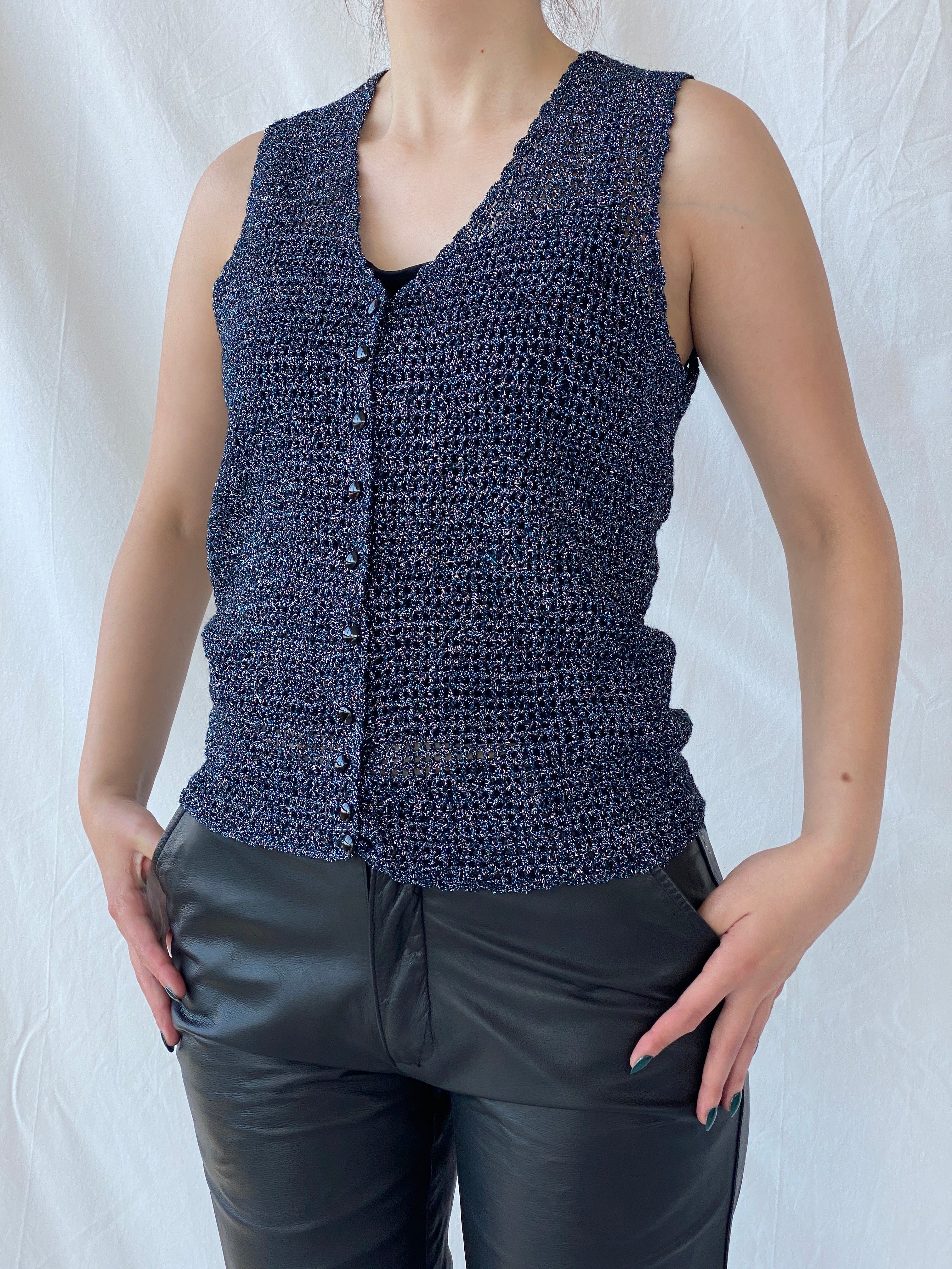 Vintage Handmade Knitted Blue Silver and Black Shimmery Buttoned Vest - S