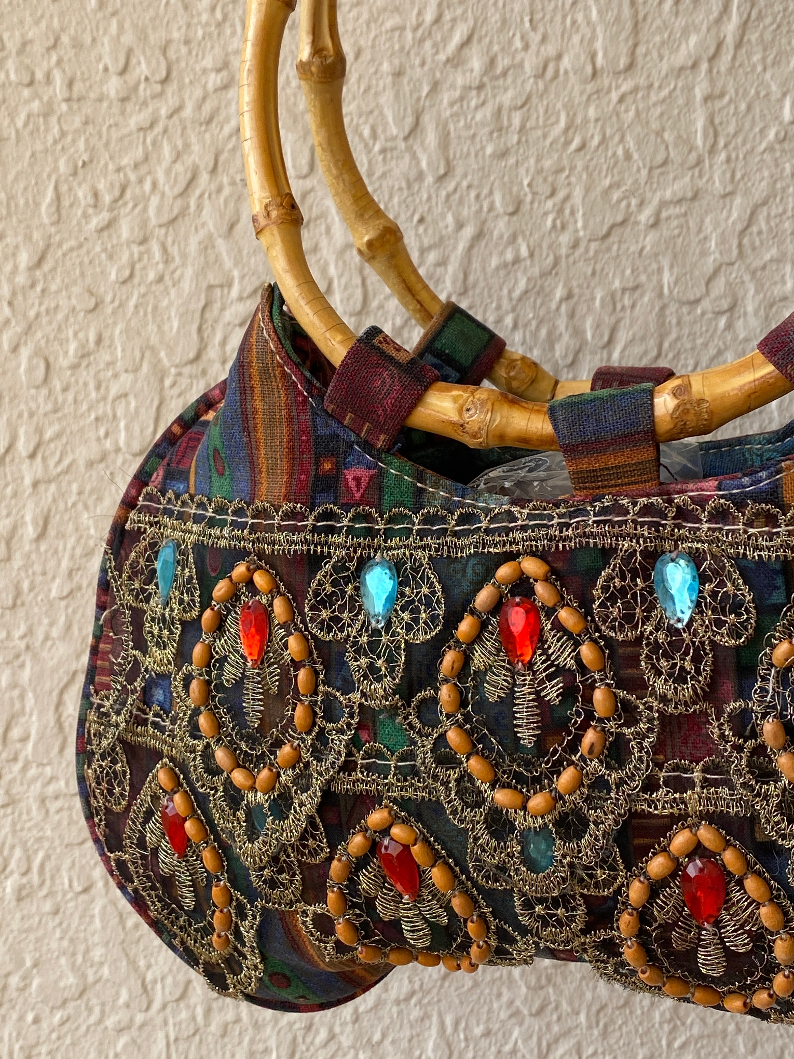 Vintage Boho Embellished Mini Handbag with Bamboo Ring Handles
