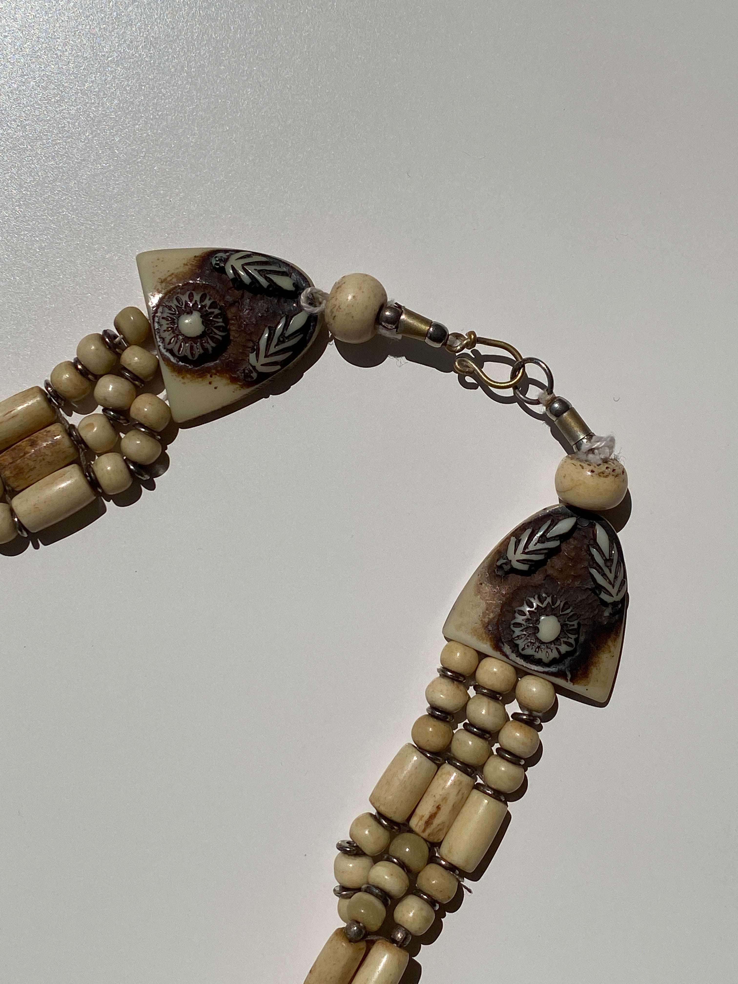 Vintage Tribal Bone & Black Stripe Bead Multi-Strand Artisan Necklace