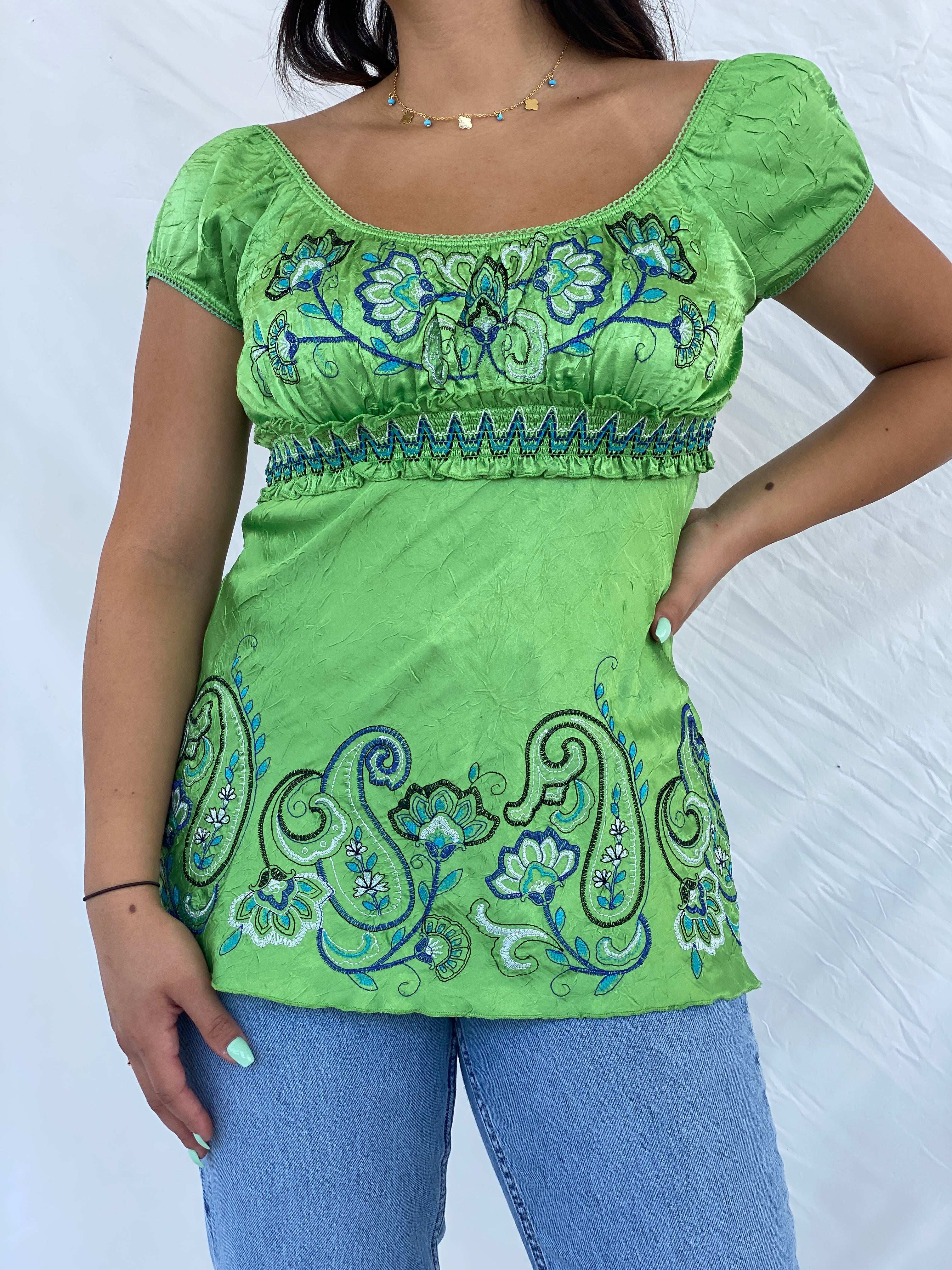 Y2K Scoop Neck Cottage Style Green Top - M - Balagan Vintage Sleeveless Top 00s, Lana, NEW IN, summer, Y2K