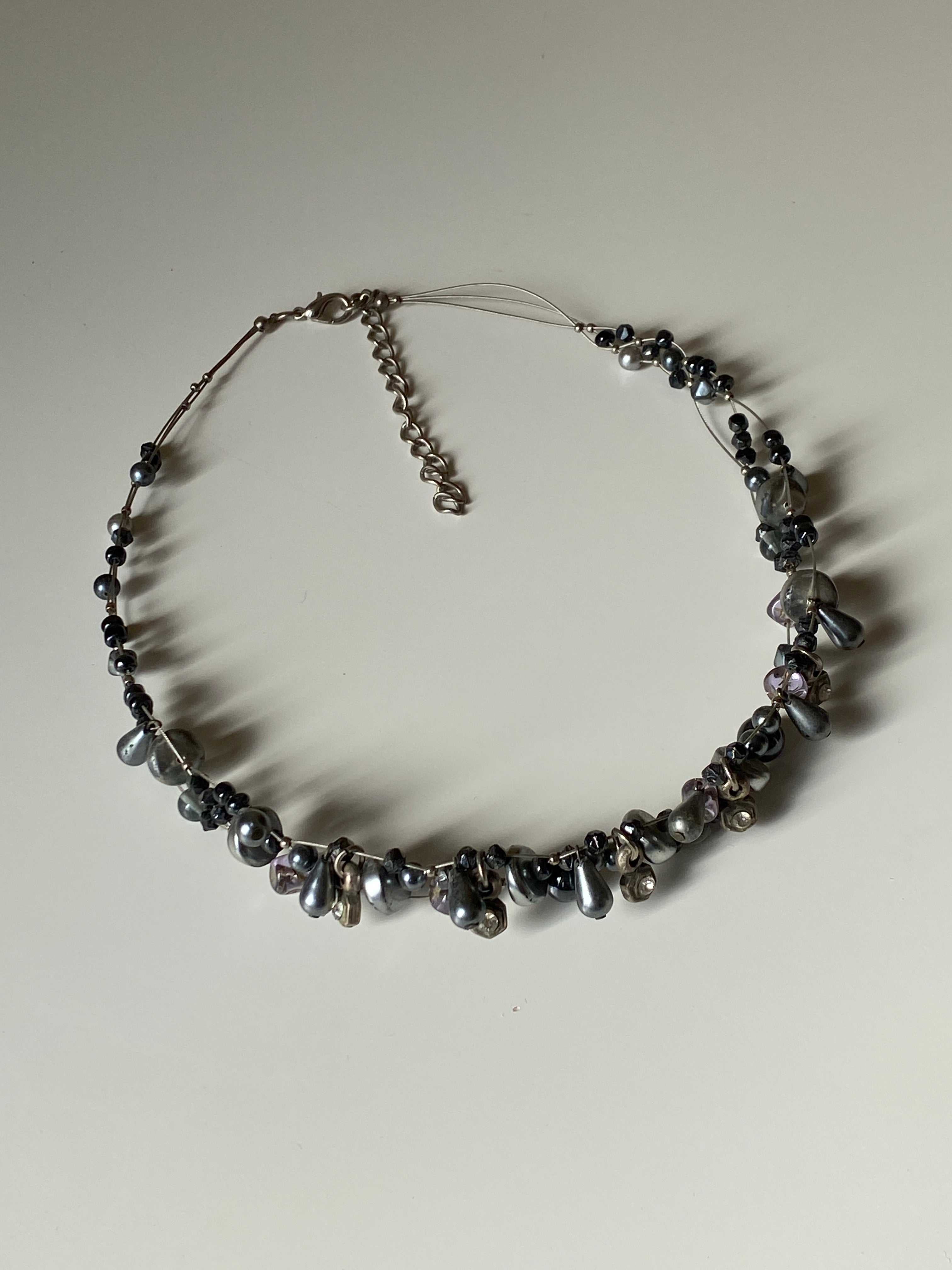 Vintage Black & Grey Pearl Beaded Necklace with Crystal Accents