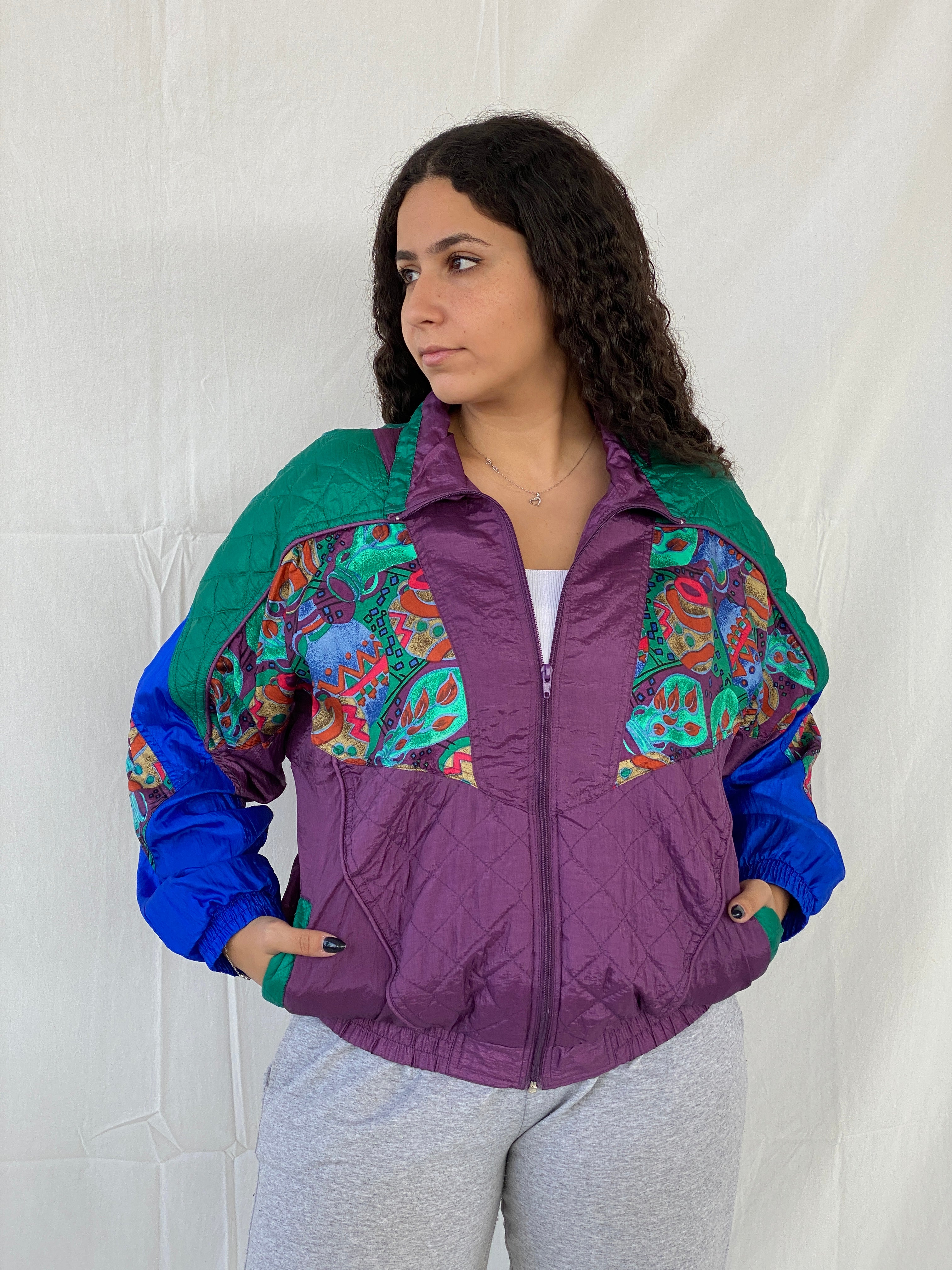 Vintage 80s/90s Active Studio by Div Rousso Quilted Green & Purple Track Windbreaker Jacket - M