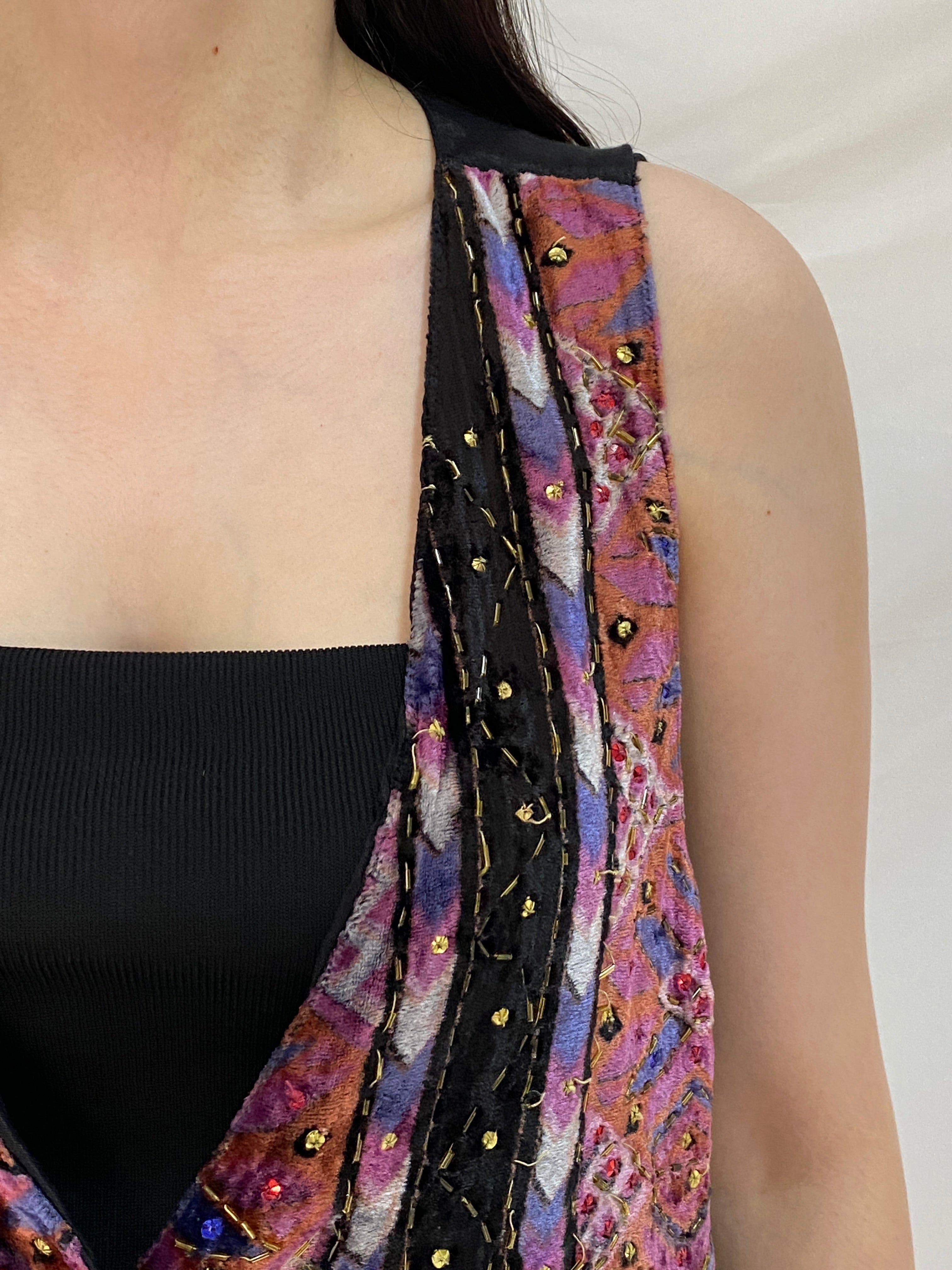 Vintage 90s Jane Ashley Beaded Velvet Boho Purple Multicolor Vest – L