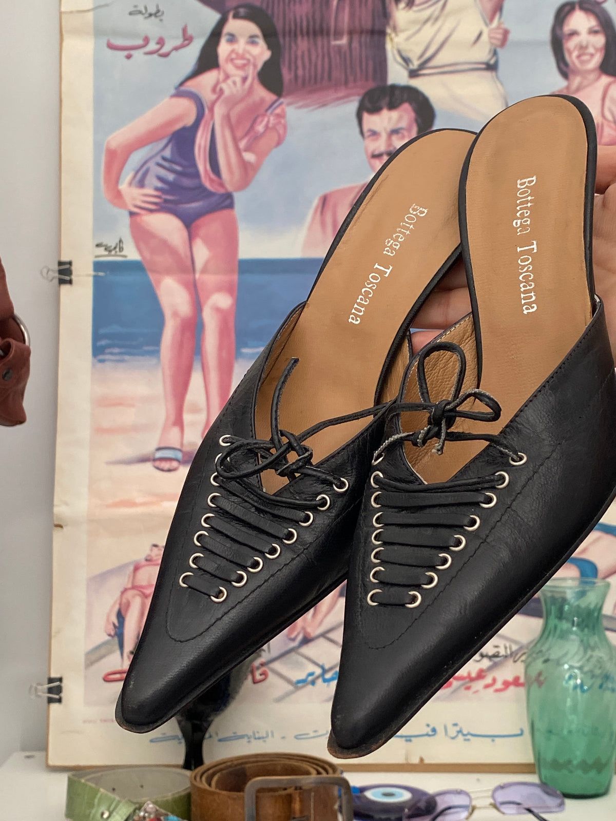 Vintage Bottega Toscana Black Leather Lace-Up Pointed Mule Pumps – 38 EU
