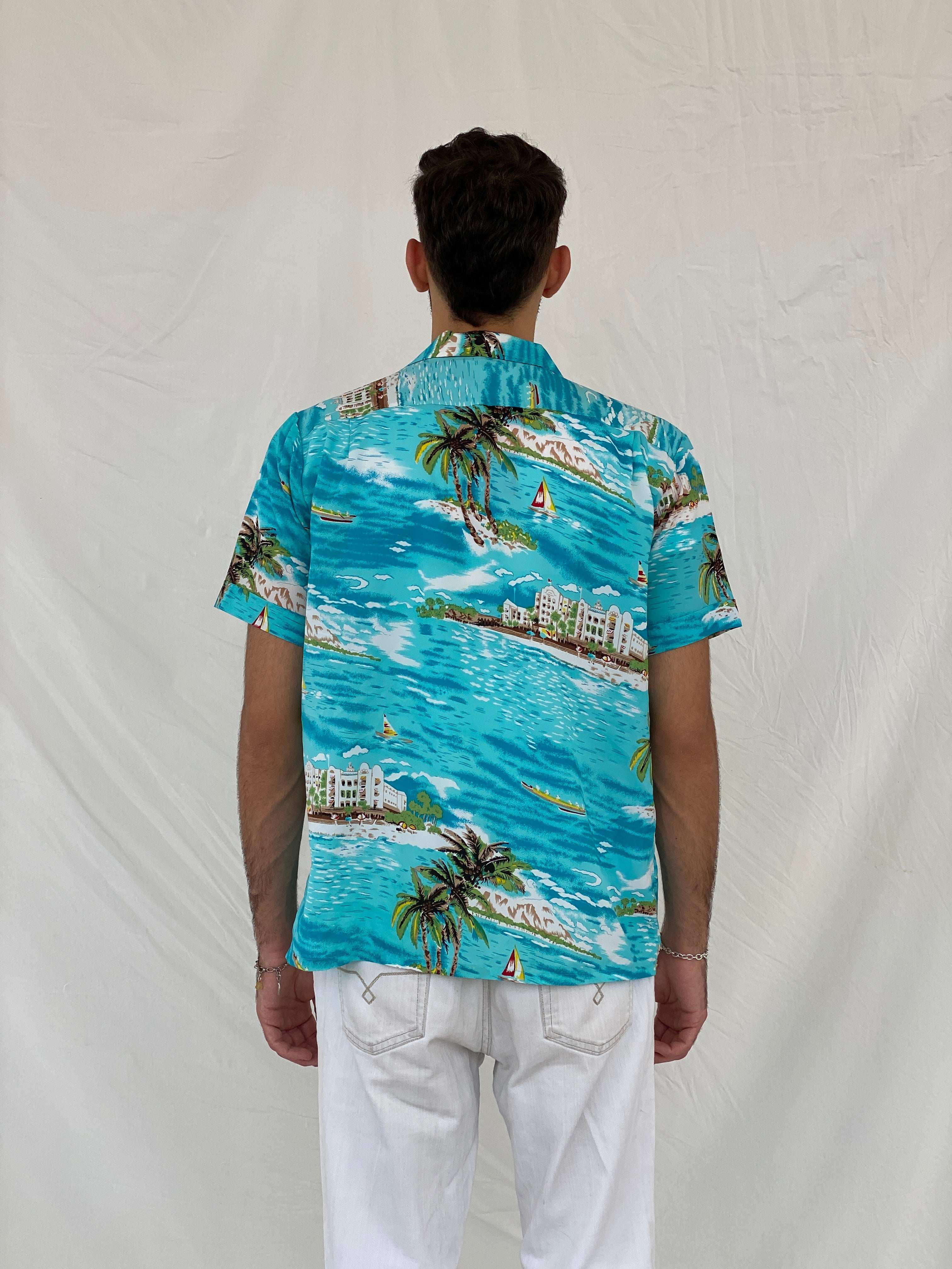 Vintage Romani Graphic Hawaiian Blue Beach Shirt - L - Balagan Vintage Half Sleeve Shirt 00s, 90s, Awsam, graphic, half sleeve shirt, NEW IN, printed shirt