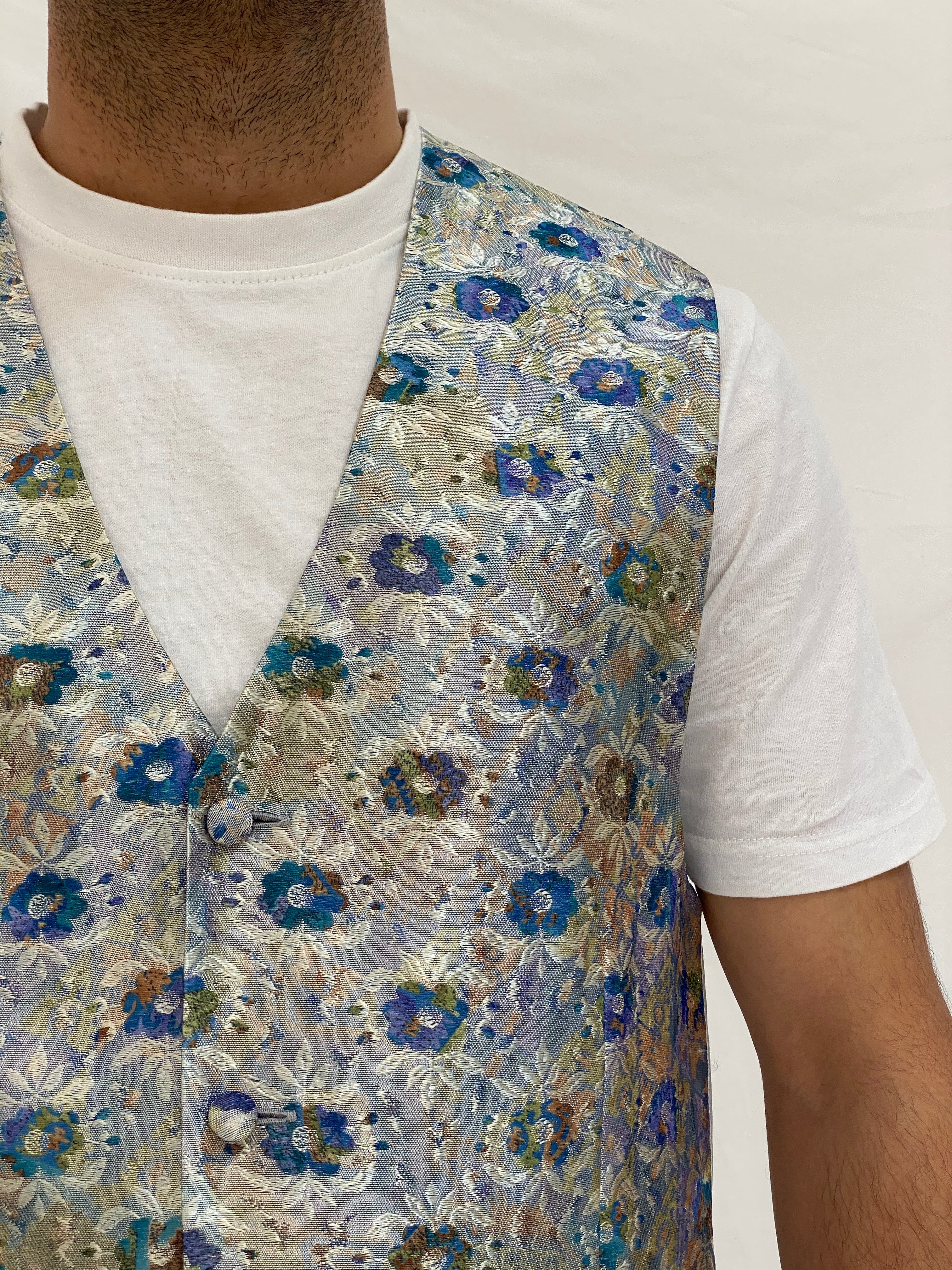 Vintage Anne Surkamp-Kramer Floral Vest Silver Blue Metallic Waistcoat Vest - M