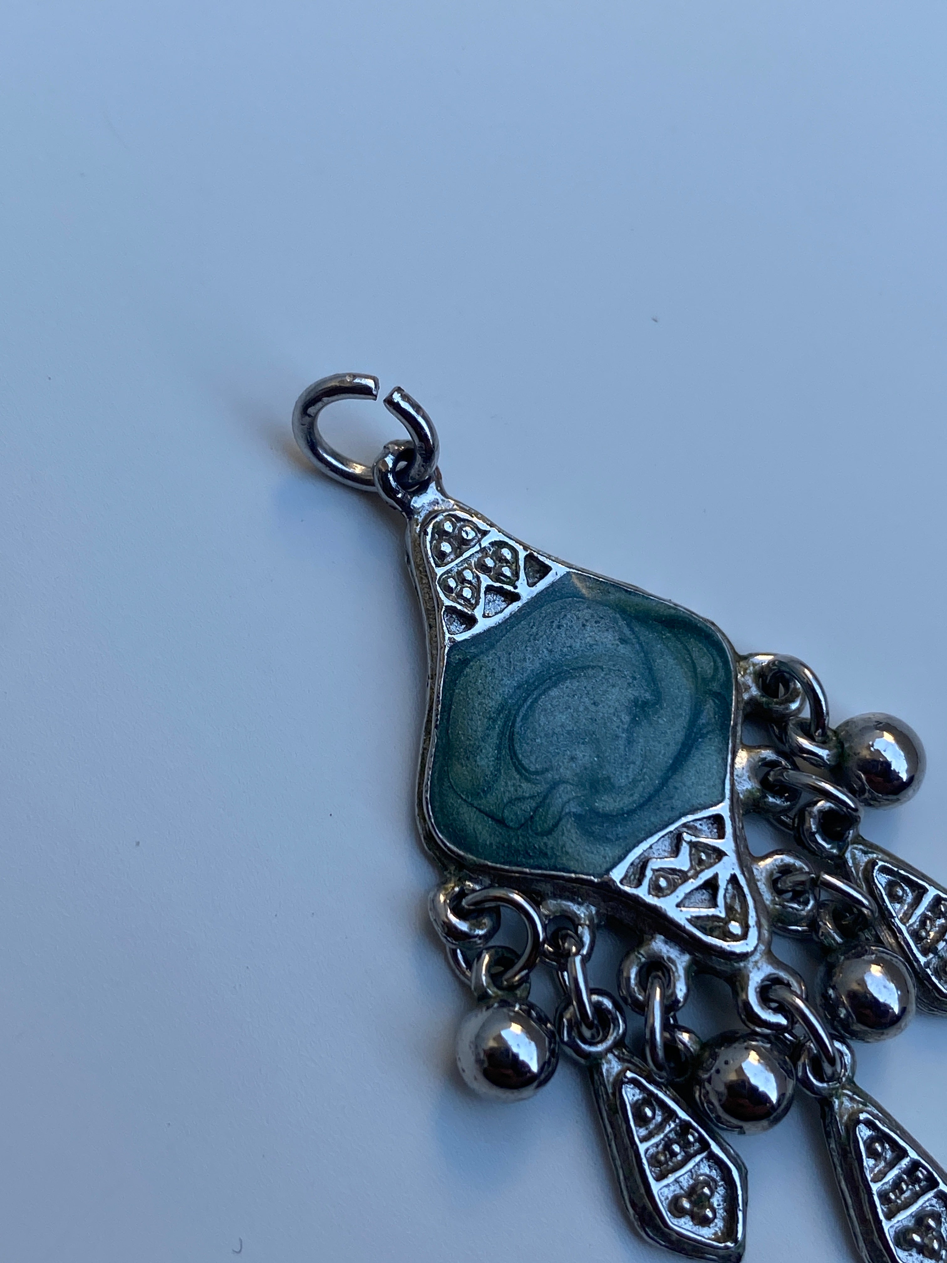 Vintage Silver Tone Green Art Glass Dangle Pendant - Boho Tribal Charm Necklace Pendant