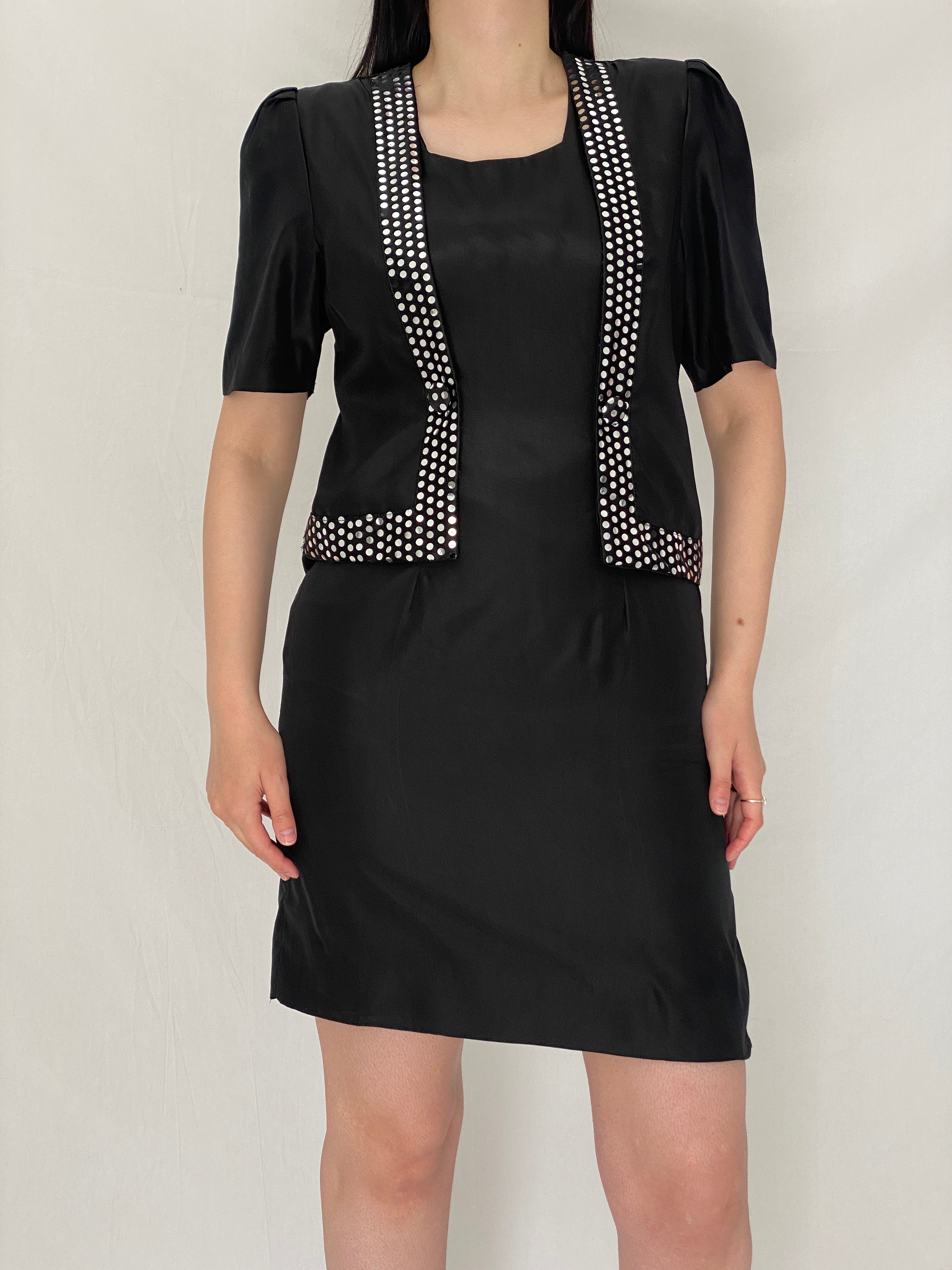 Vintage 90s Black Minimalist Shift Dress with Polka Dot Trim Detail - S