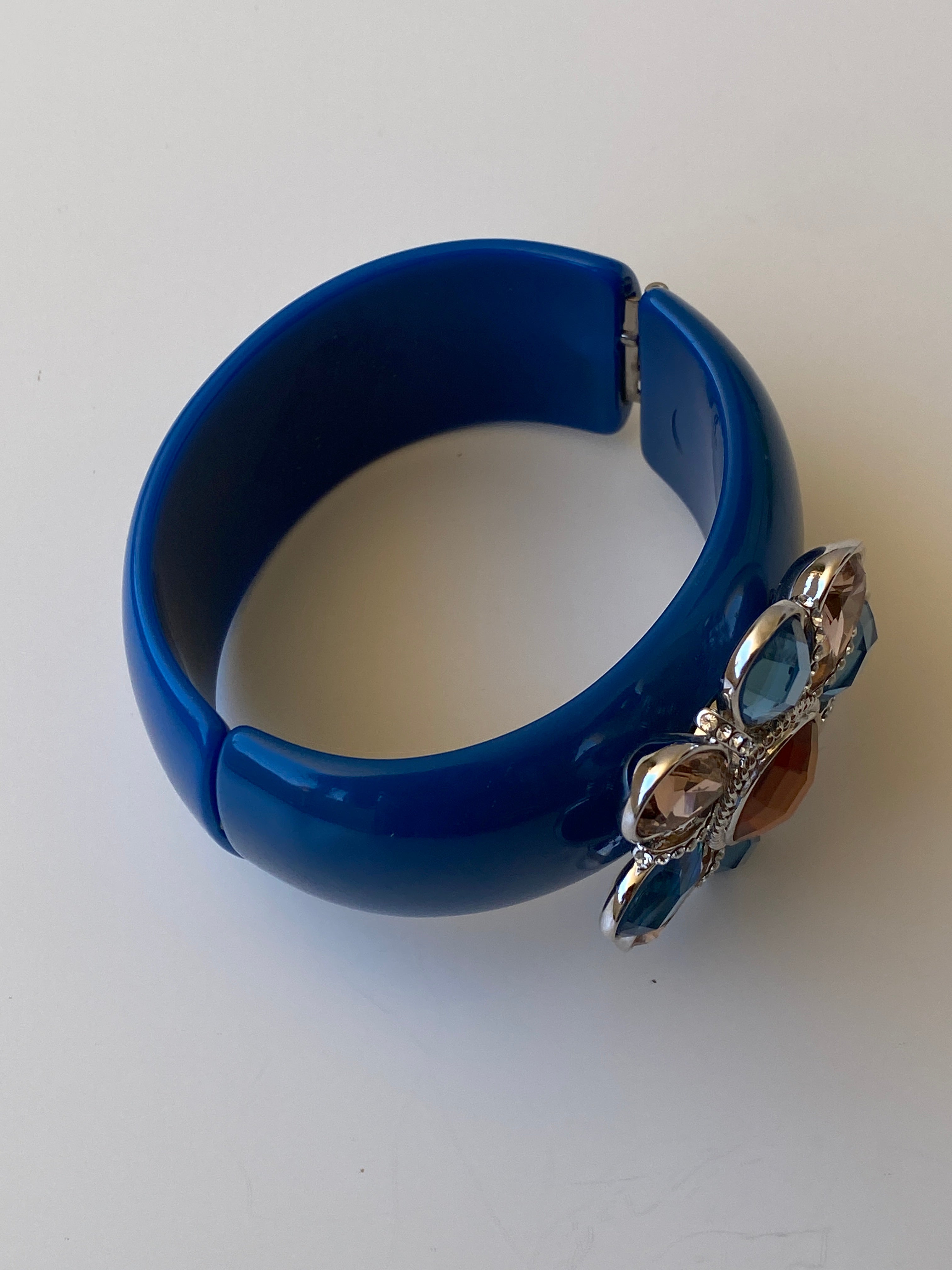 Y2K Cobalt Blue Rhinestone Flower Hinge Cuff Bracelet Chunky Bangle