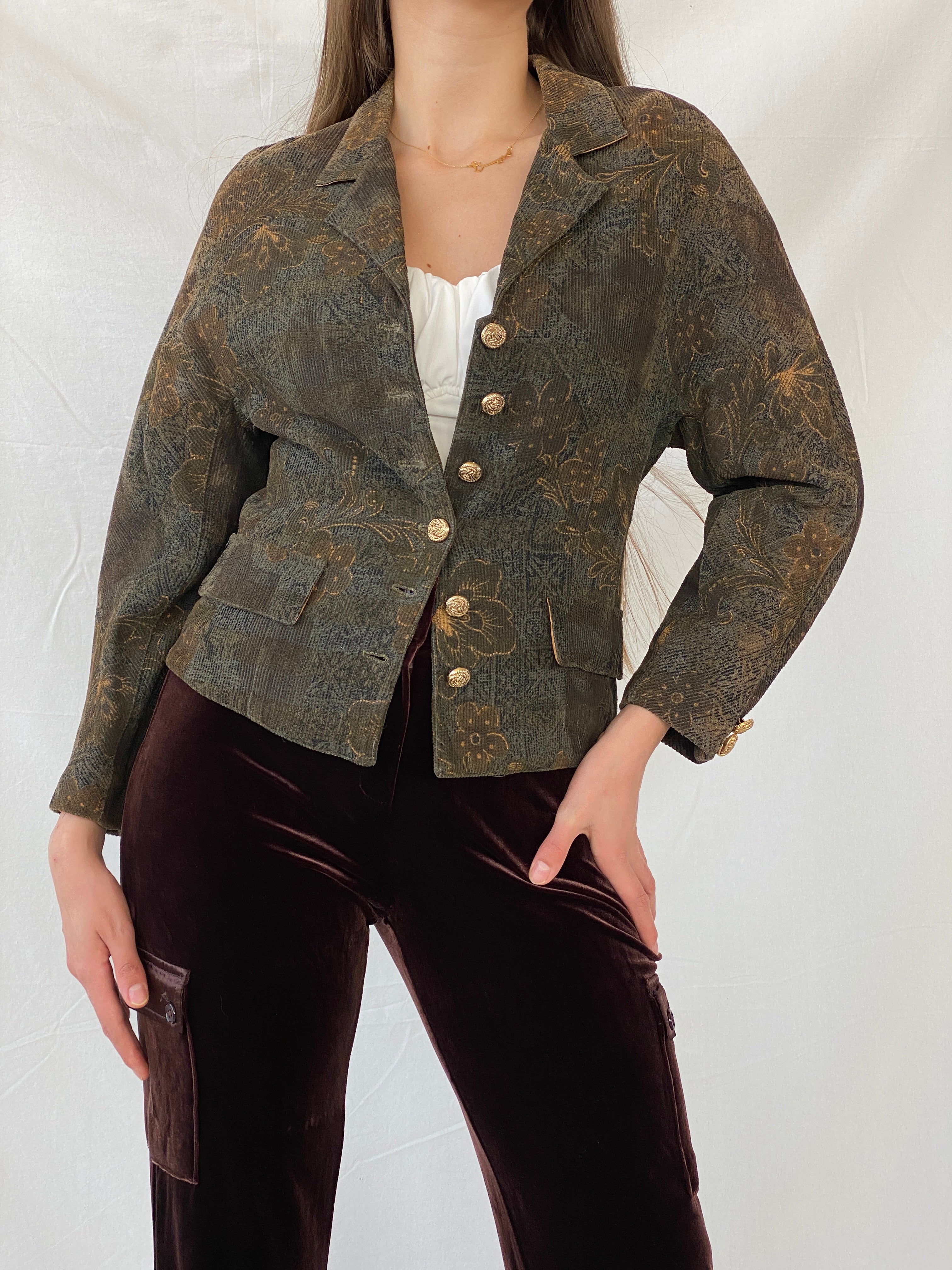 Vintage Happening Floral Olive Green Corduroy Heavy Blazer - M