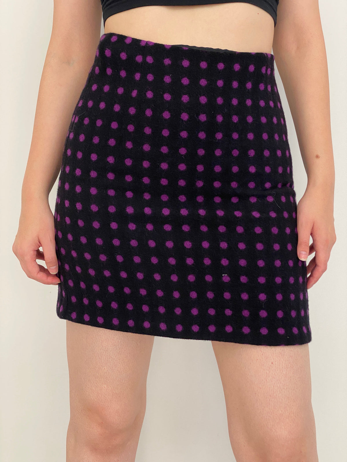 Hobbs London Black & Purple Polka Dot 100% Wool Mini Skirt – M