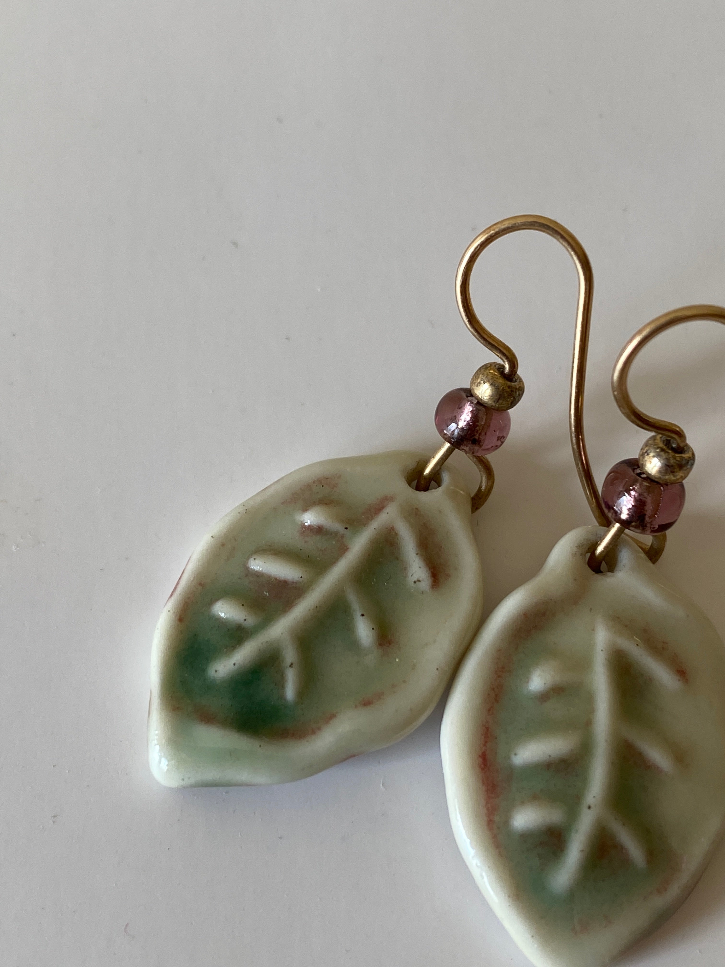 Vintage Y2K Ceramic Leaf Drop Earrings with Brass Hooks