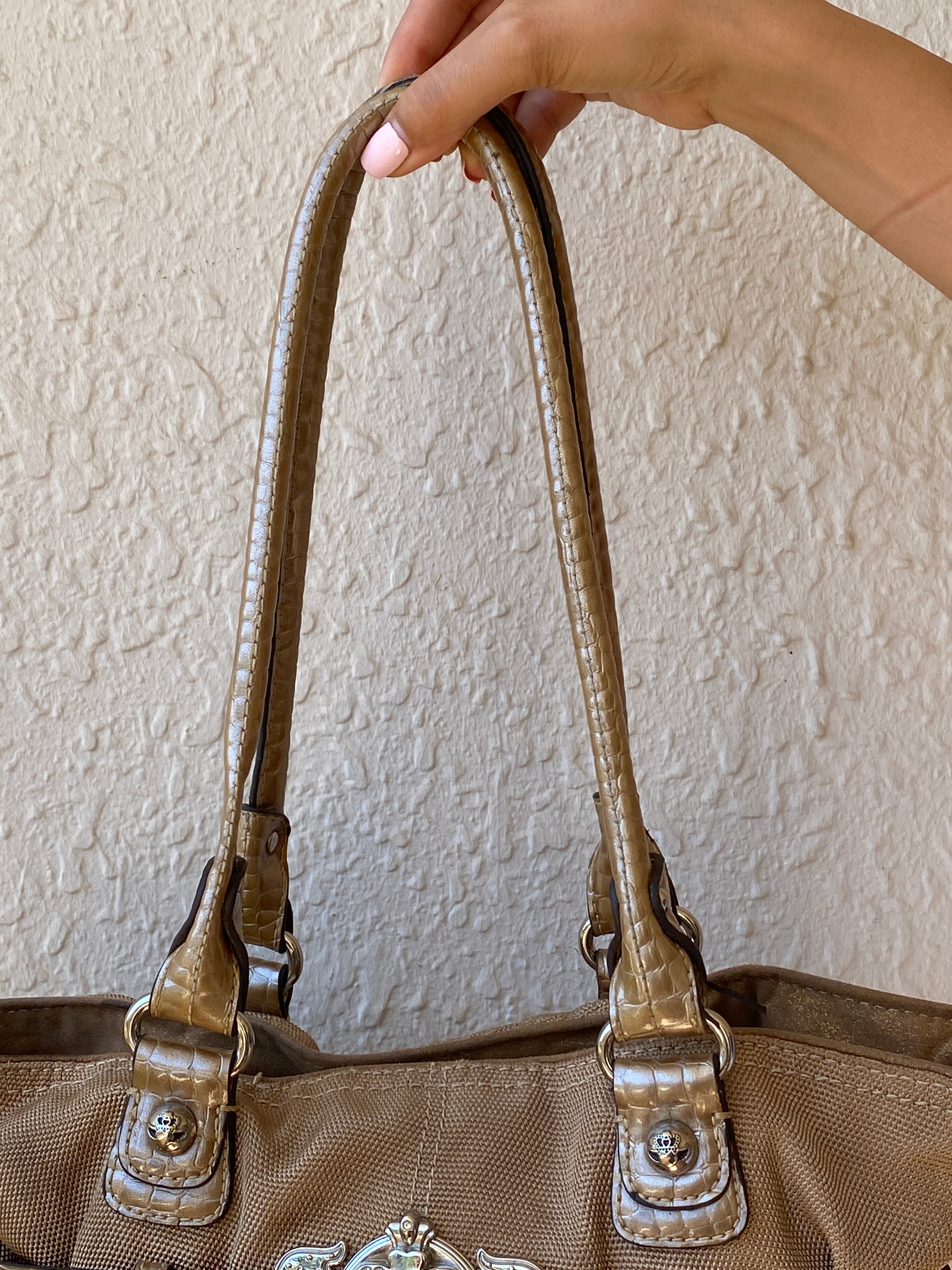 Vintage Y2K Kathy Van Zeeland Tan Canvas & Faux Croc Shoulder Tote Bag