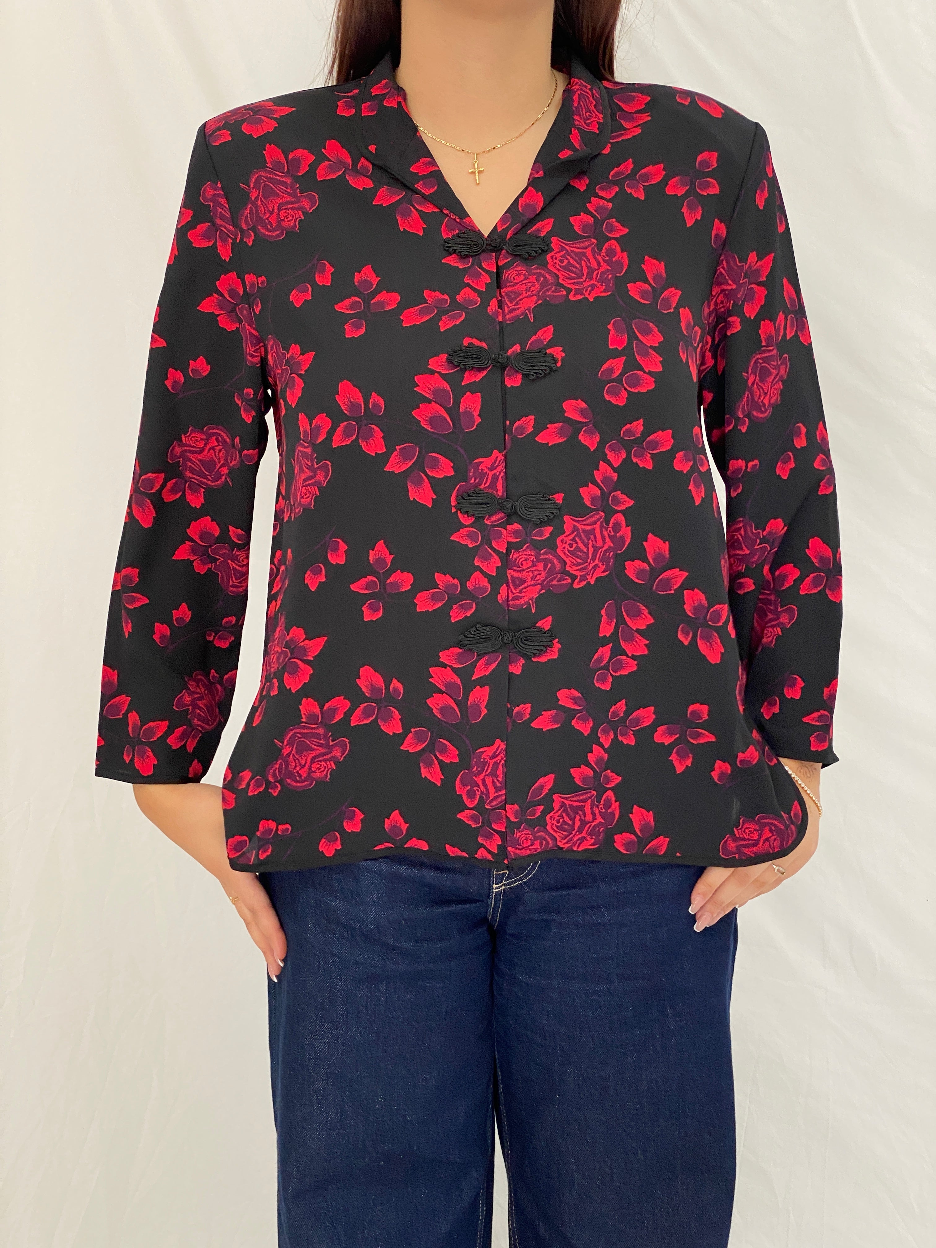 Vintage Y2K Richness Fashion Black & Red Floral Mandarin Collar Blouse - XL