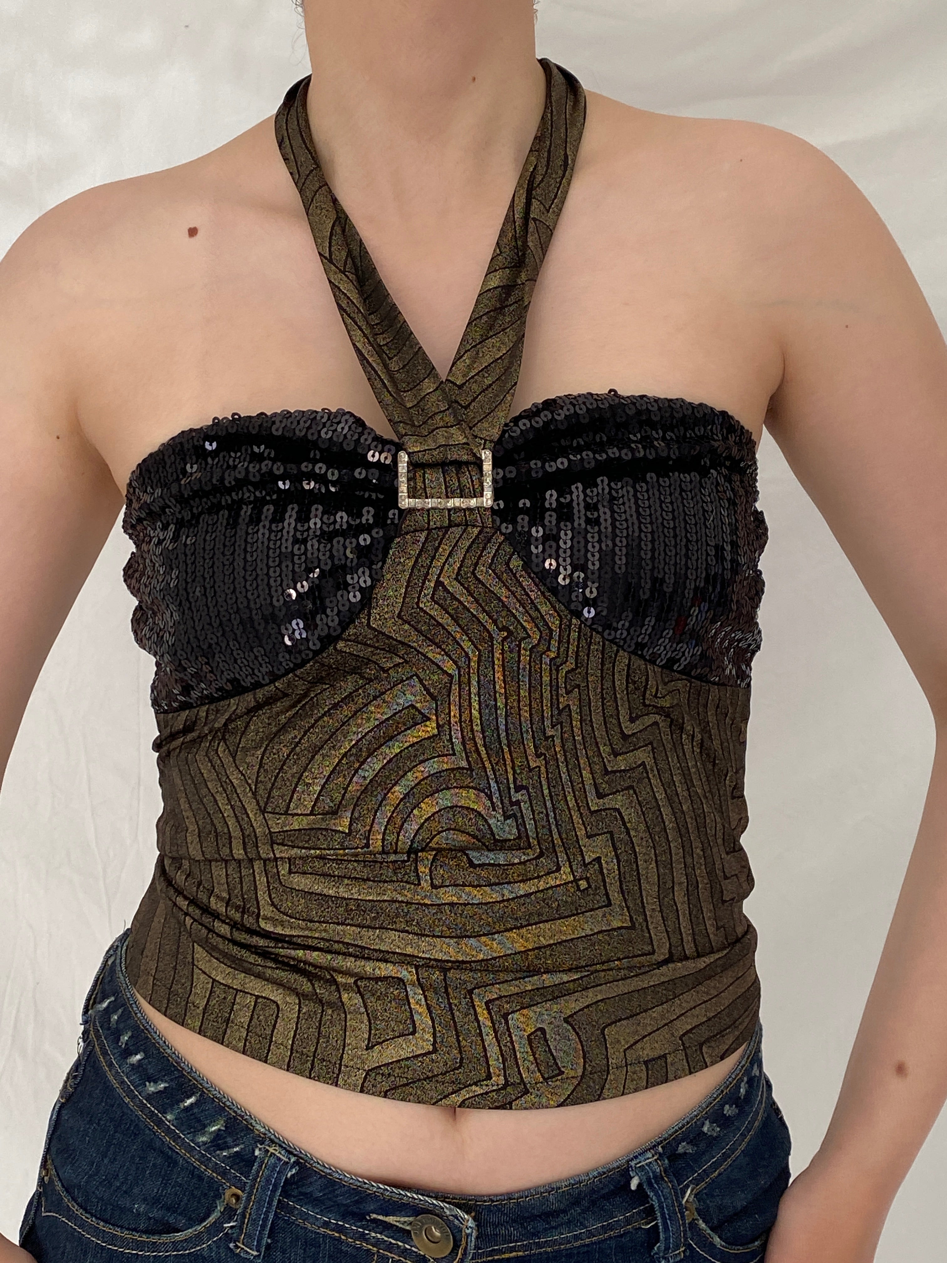 Y2K Black & Gold Sequin Halter Party Top Shimmery Metallic Clubwear Top – S