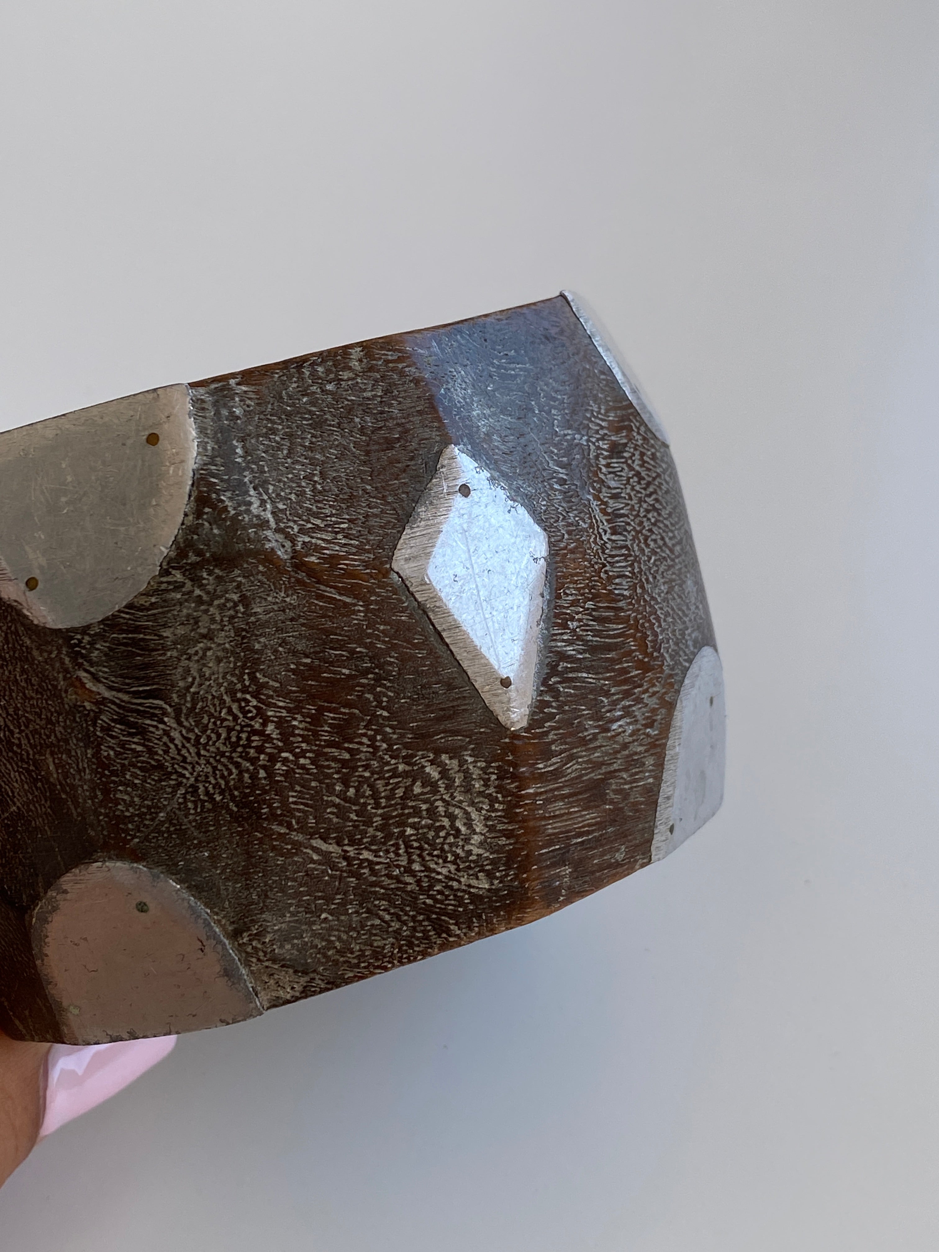 Vintage 1980s–90s Brown Wood & Silver-Tone Geometric Statement Bangle