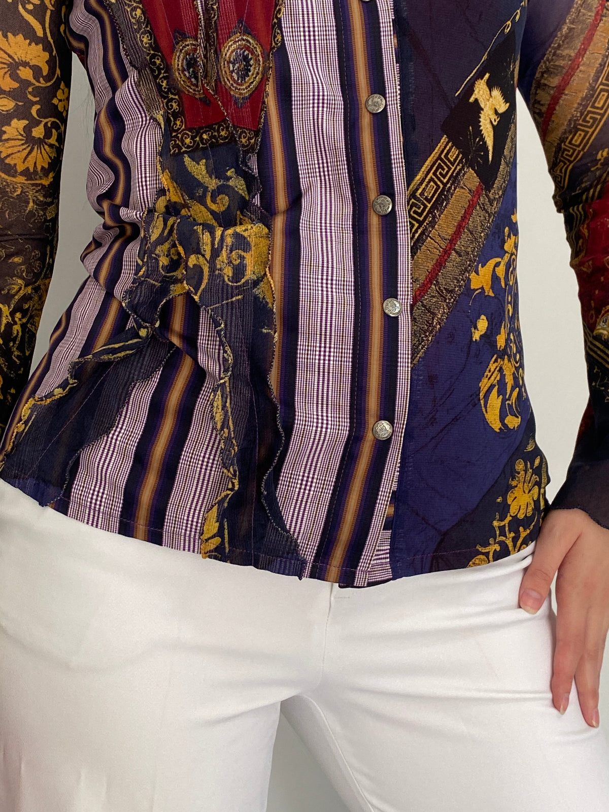 Y2K Save The Queen! Multicolor Whimsical Baroque Sheer Shirt – M