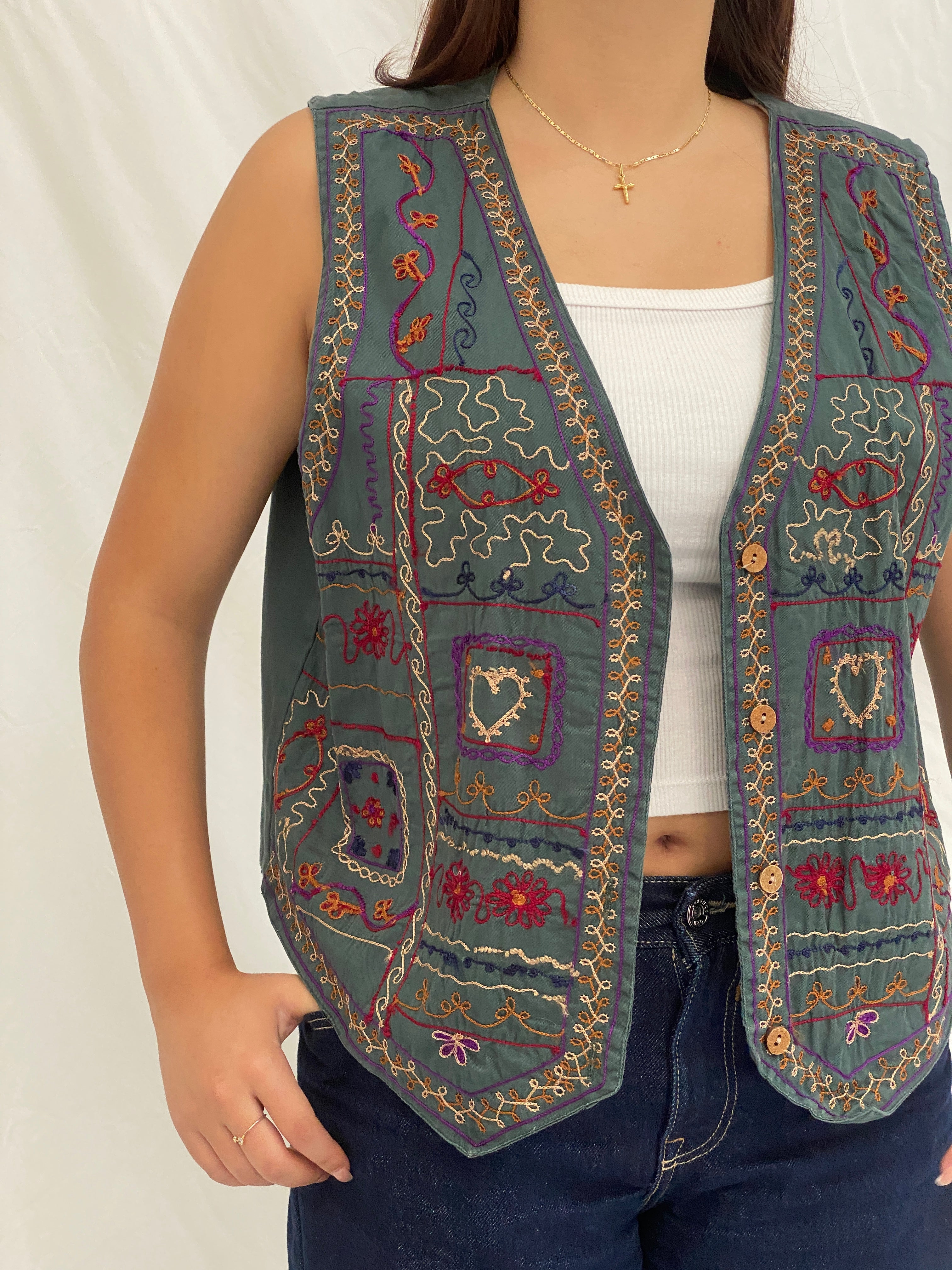 Vintage Weekend Provisions Sage Green Cotton Embroidered Boho Vest – XL
