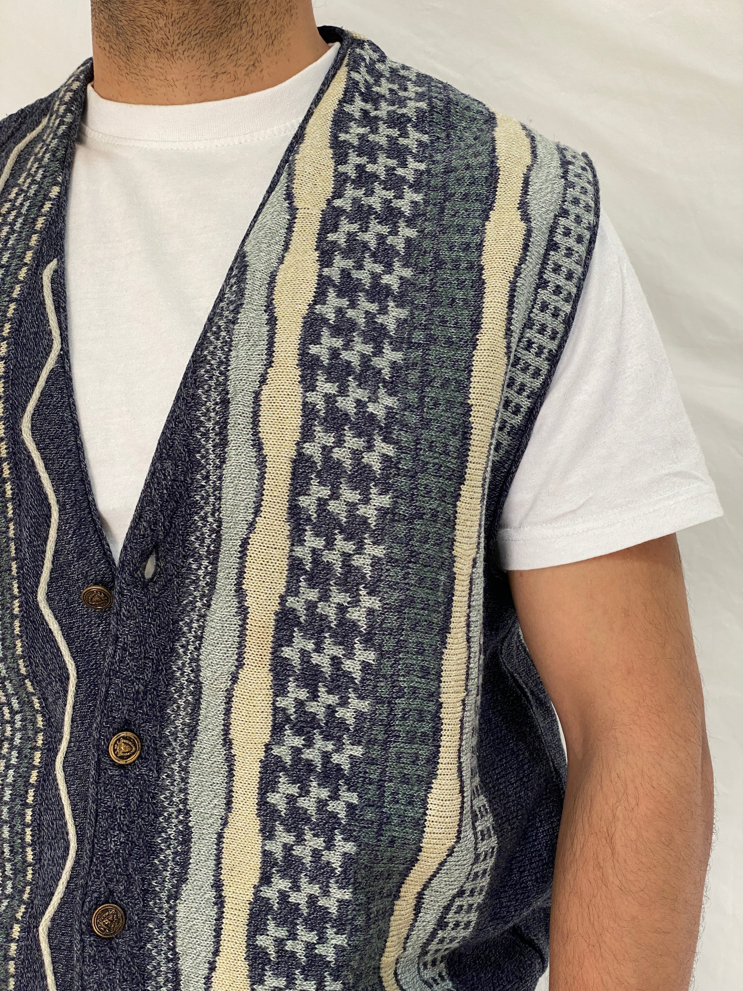 Vintage 90s تريكو Navy Patterned Knit Sweater Vest Cardigan - M