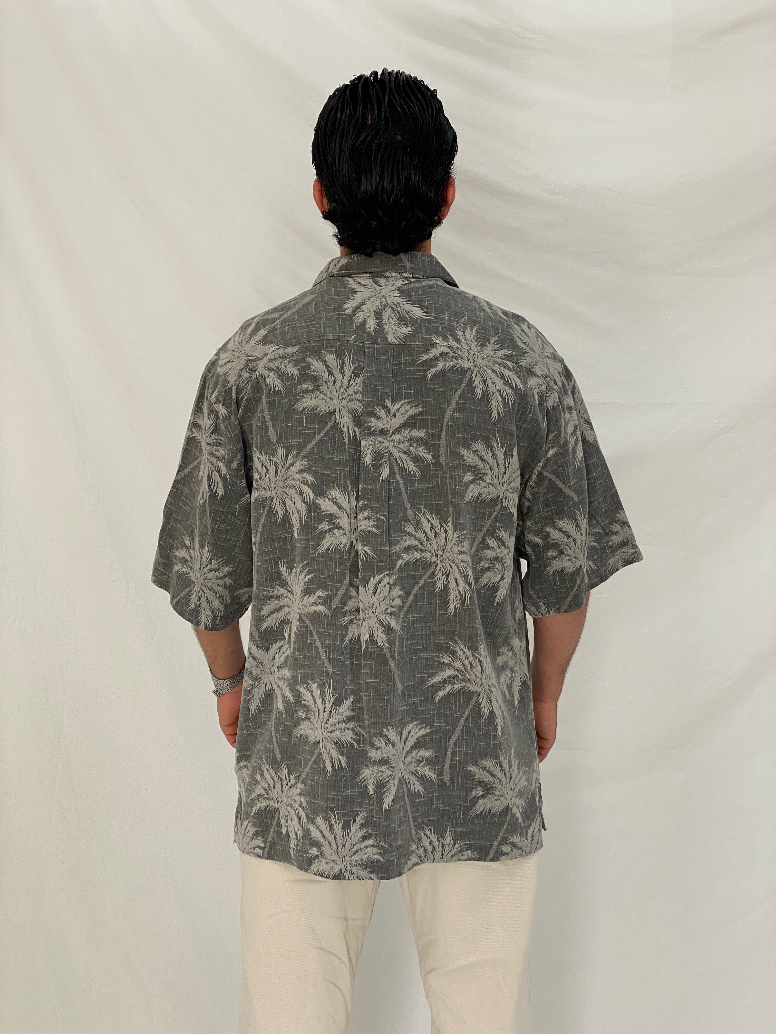 Vintage Jamaica Jaxx Grey Palm Tree Silk Mens Vacation Shirt