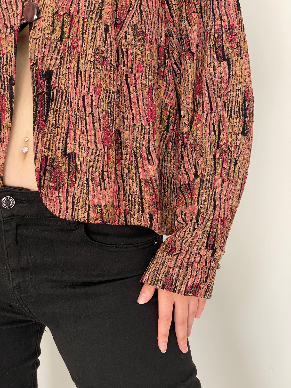 Vintage Pink & Brown Textured Abstract Print Cropped Blazer - L