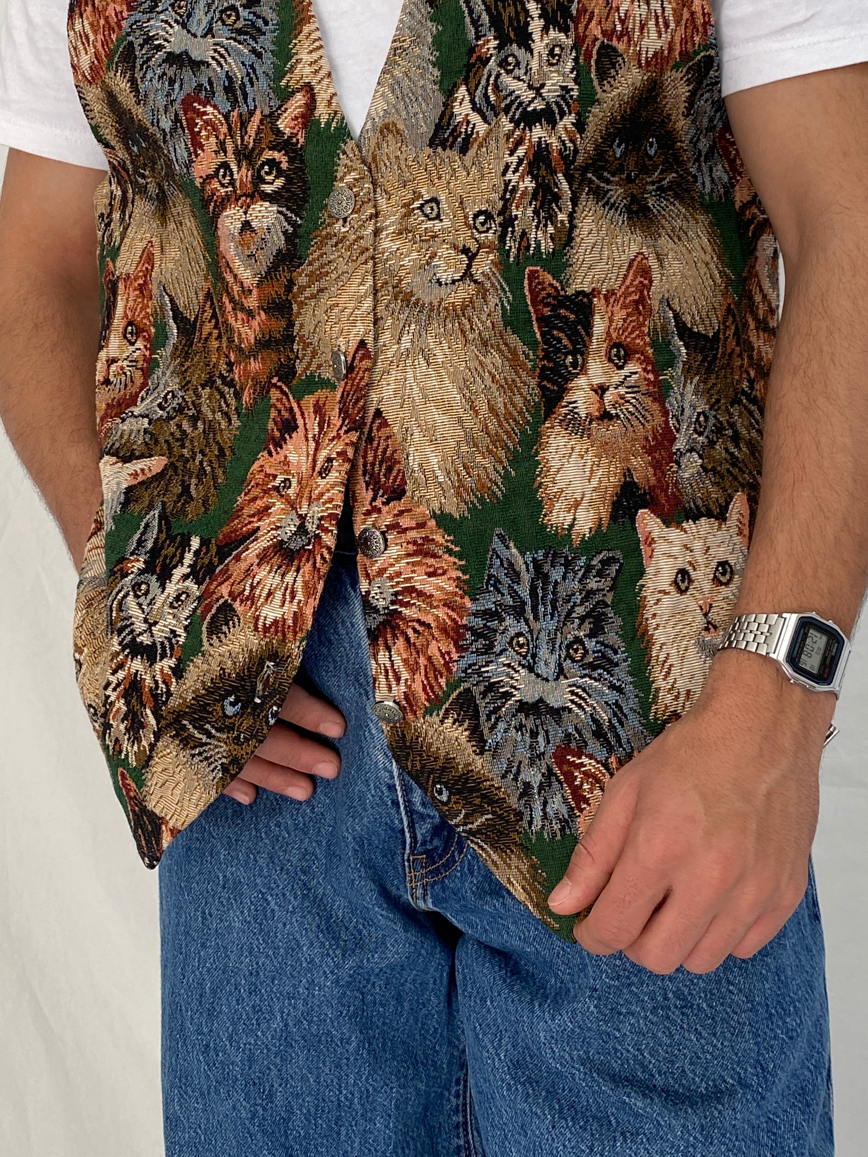 Vintage Partners II Cat Tapestry Cotton Vest Animal Waistcoat