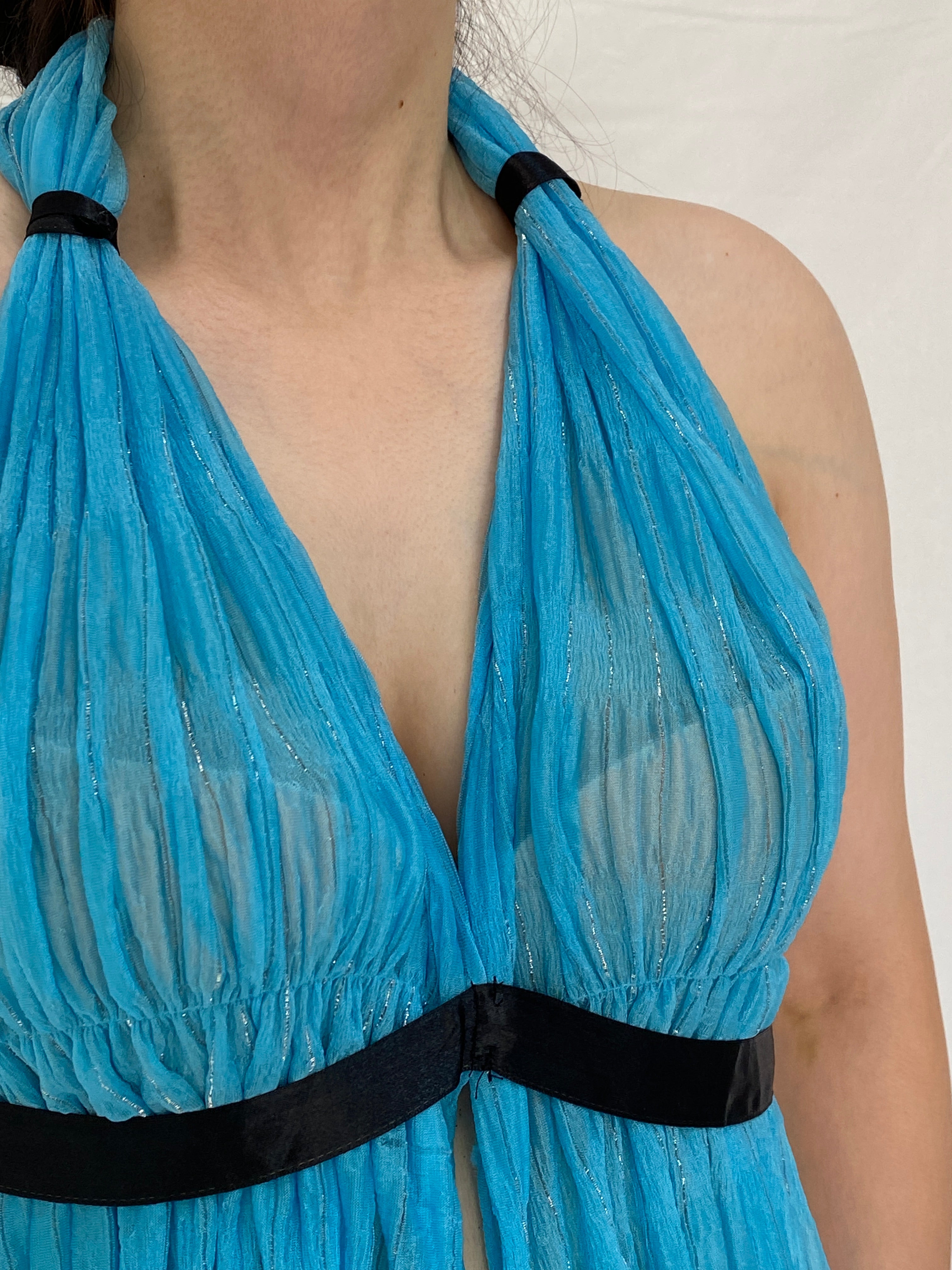 Vintage Y2K Blue Sheer Halter Open Back Mesh Top with Black Satin Trim - S