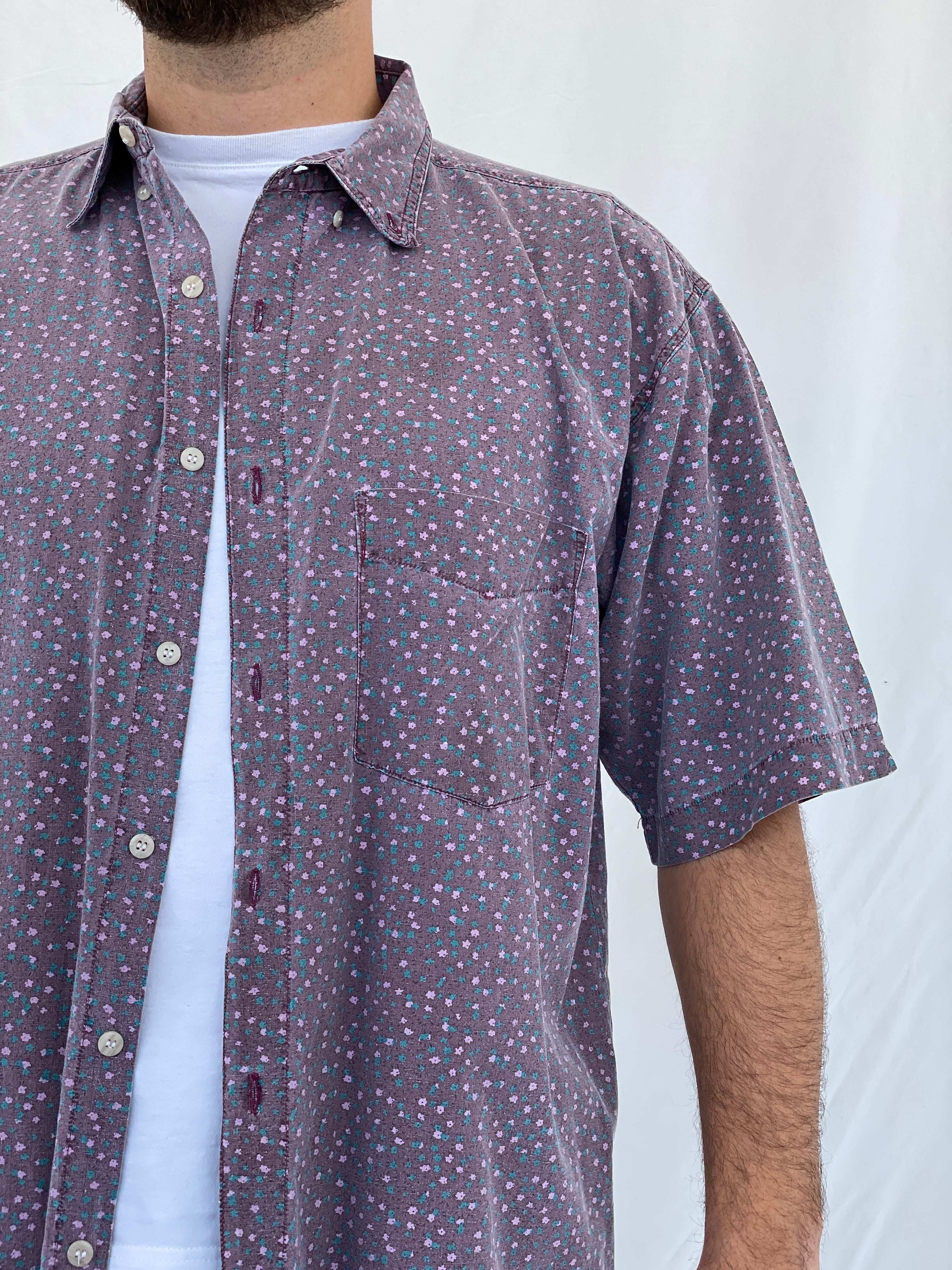 Vintage Shah Safari Floral Short Sleeve Purple Cotton Shirt - L - Balagan Vintage Half Sleeve Shirt 90s, half sleeve shirt, Iyad, mens shirt, NEW IN, printed shirt