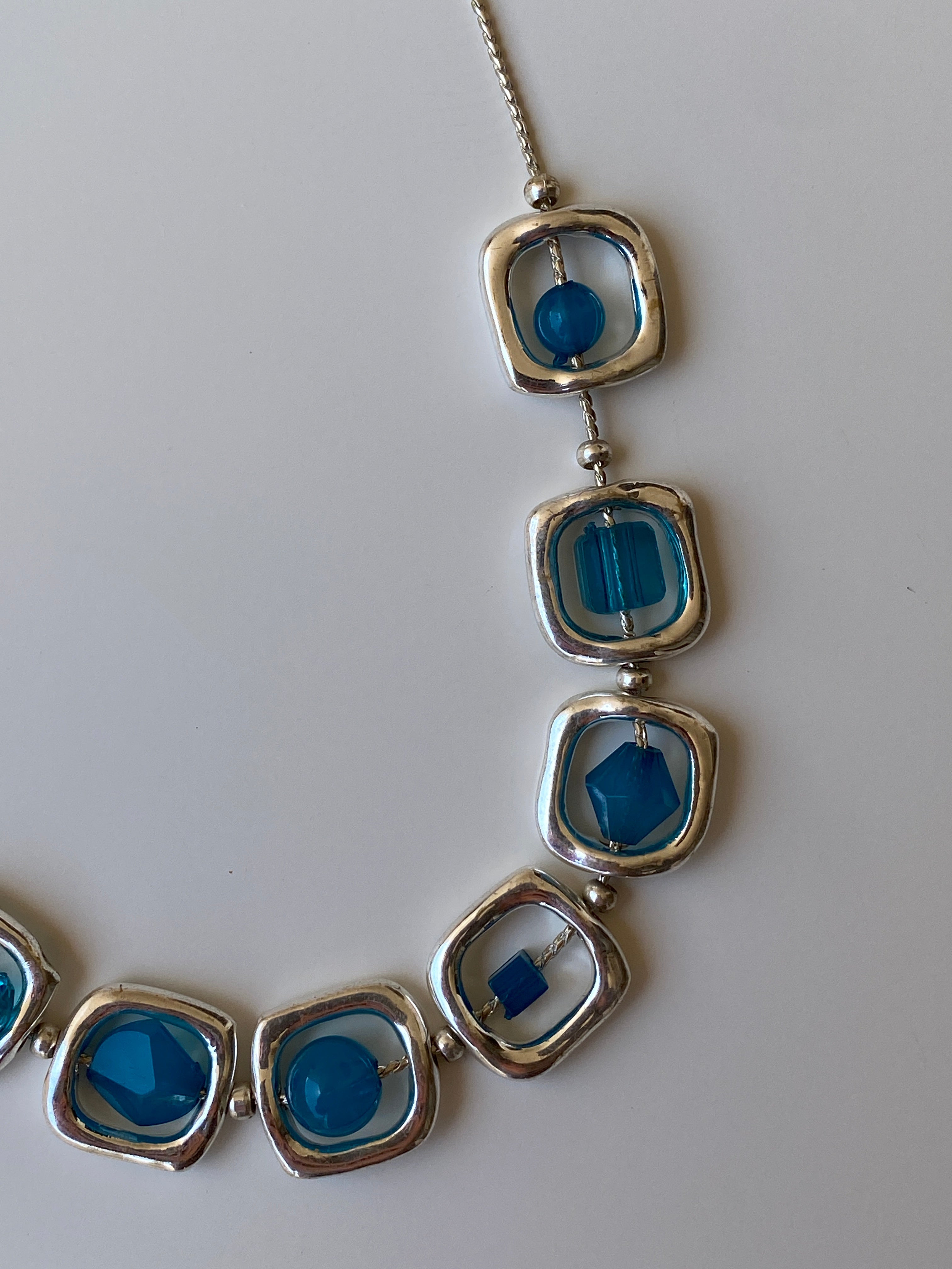 Y2K Blue Crystal Bead Framed Square Link Silver Necklace