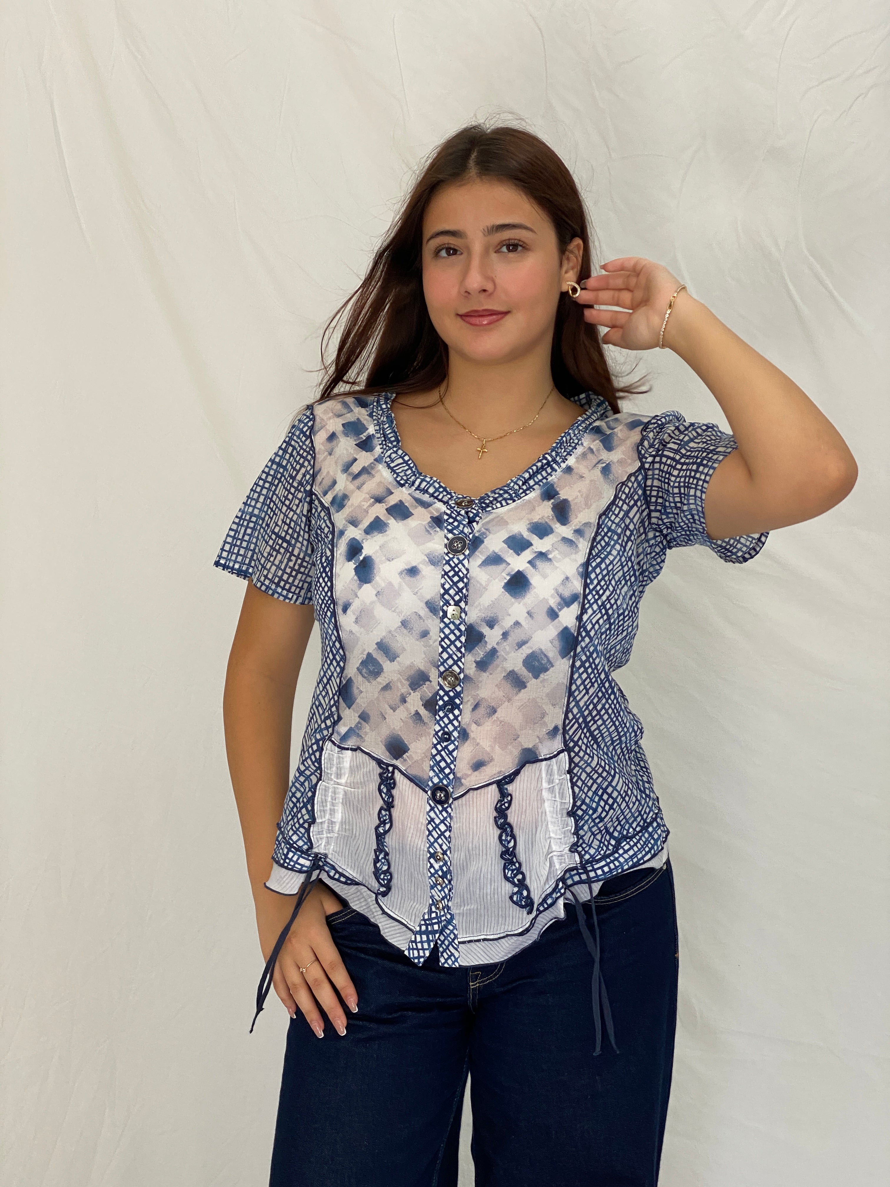 Vintage Y2K BiBA Blue Patchwork Mesh Button-Up Blouse - M