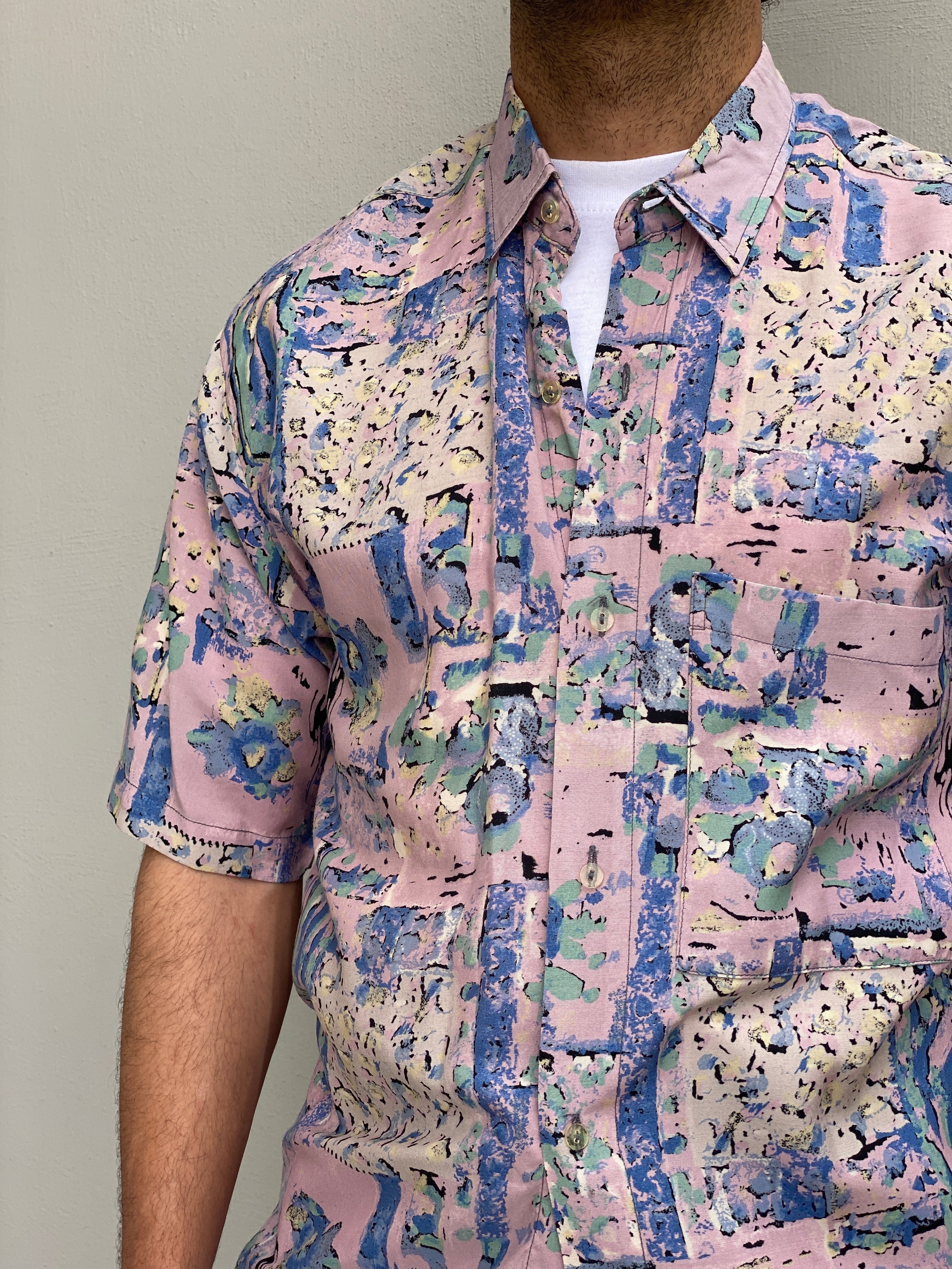 Vintage 90s Microfil Abstract Pastel Print Button-Up Shirt - M