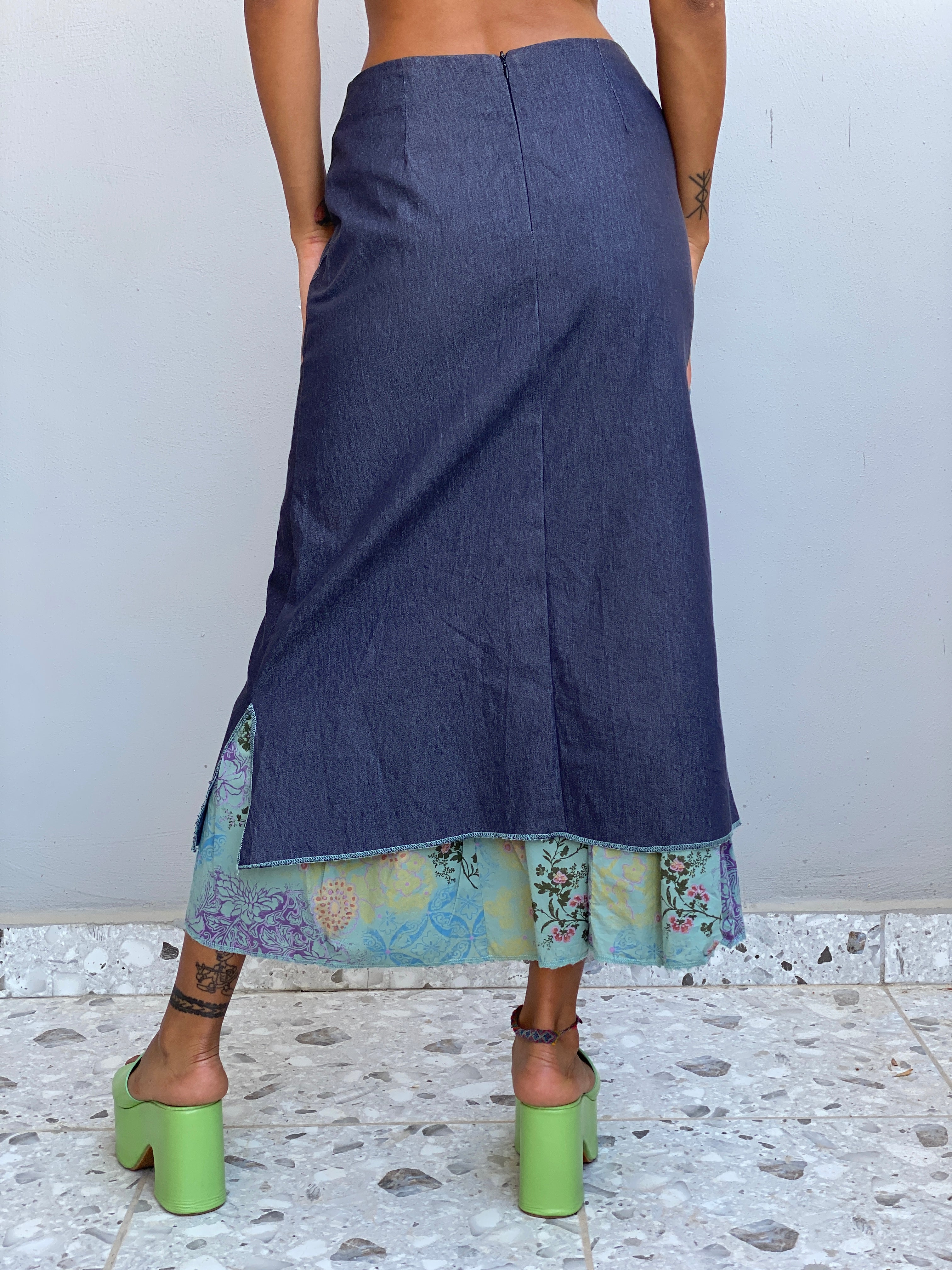 Vintage Y2K Renato Bene Paris Chambray Overlay Floral Midi Skirt Asymmetrical Layered Boho Skirt - S