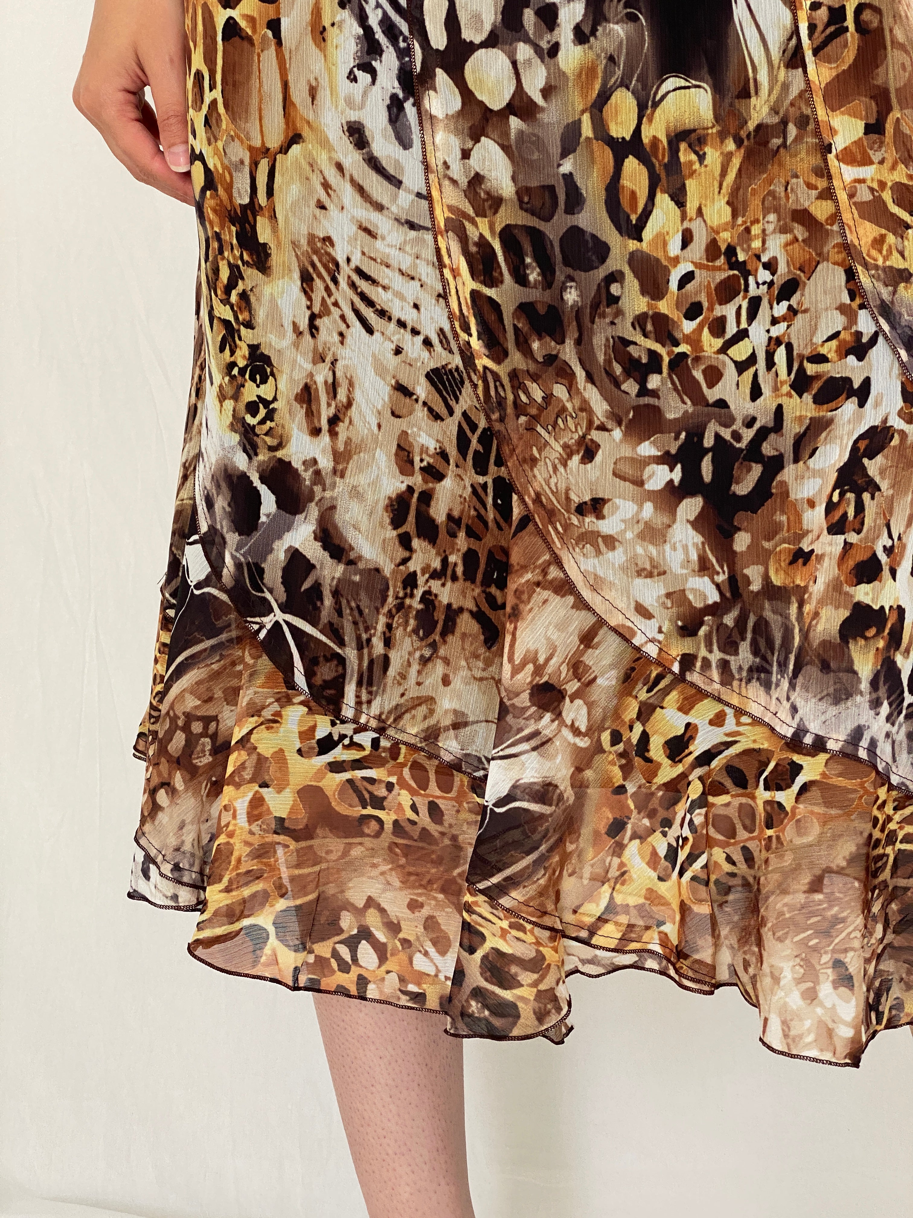 Vintage Y2K Brown Animal Print Mesh Midi Skirt – L
