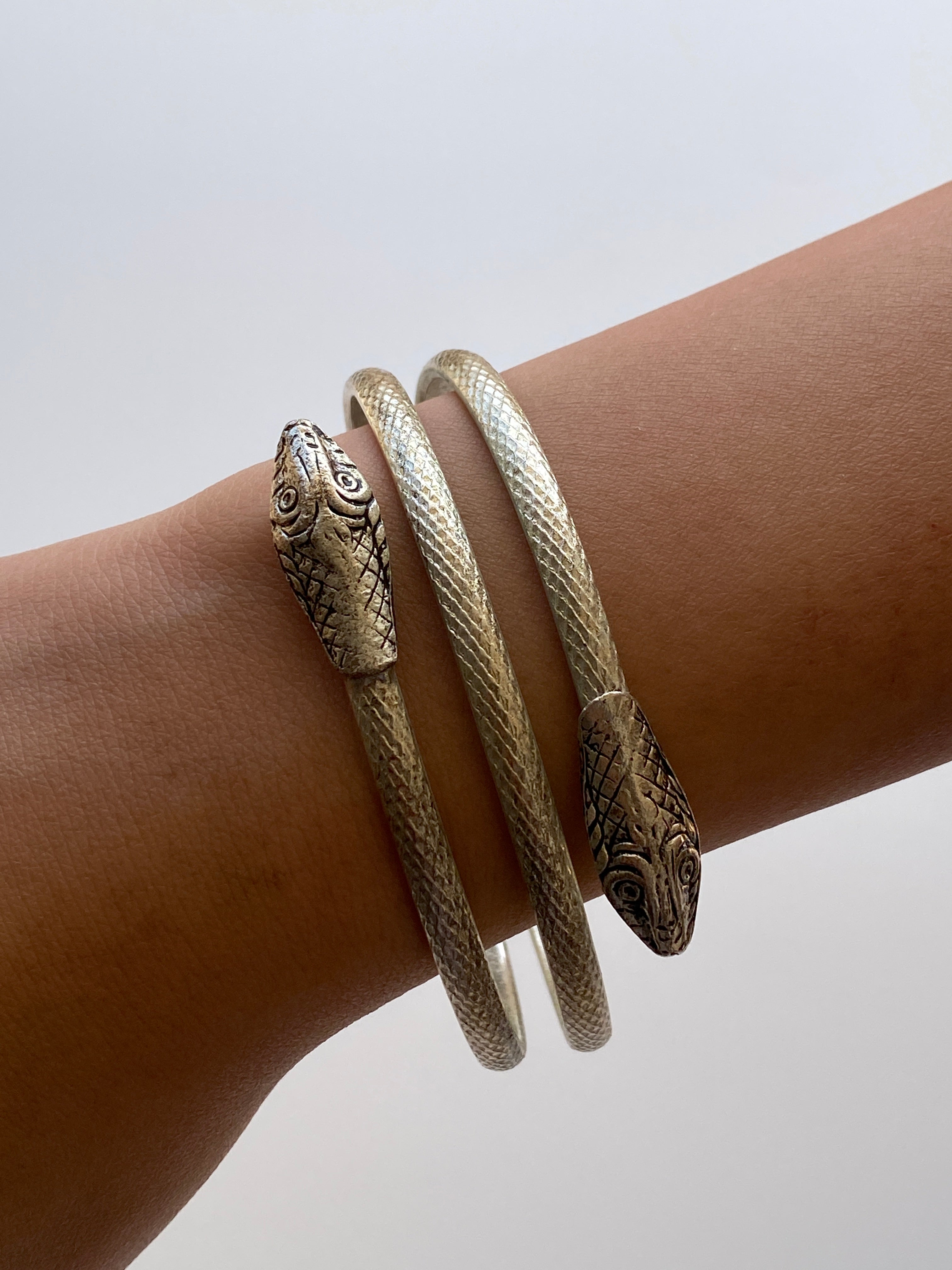 Vintage Silver Tone Double Snake Head Coil Wrap Bracelet Serpent Cuff