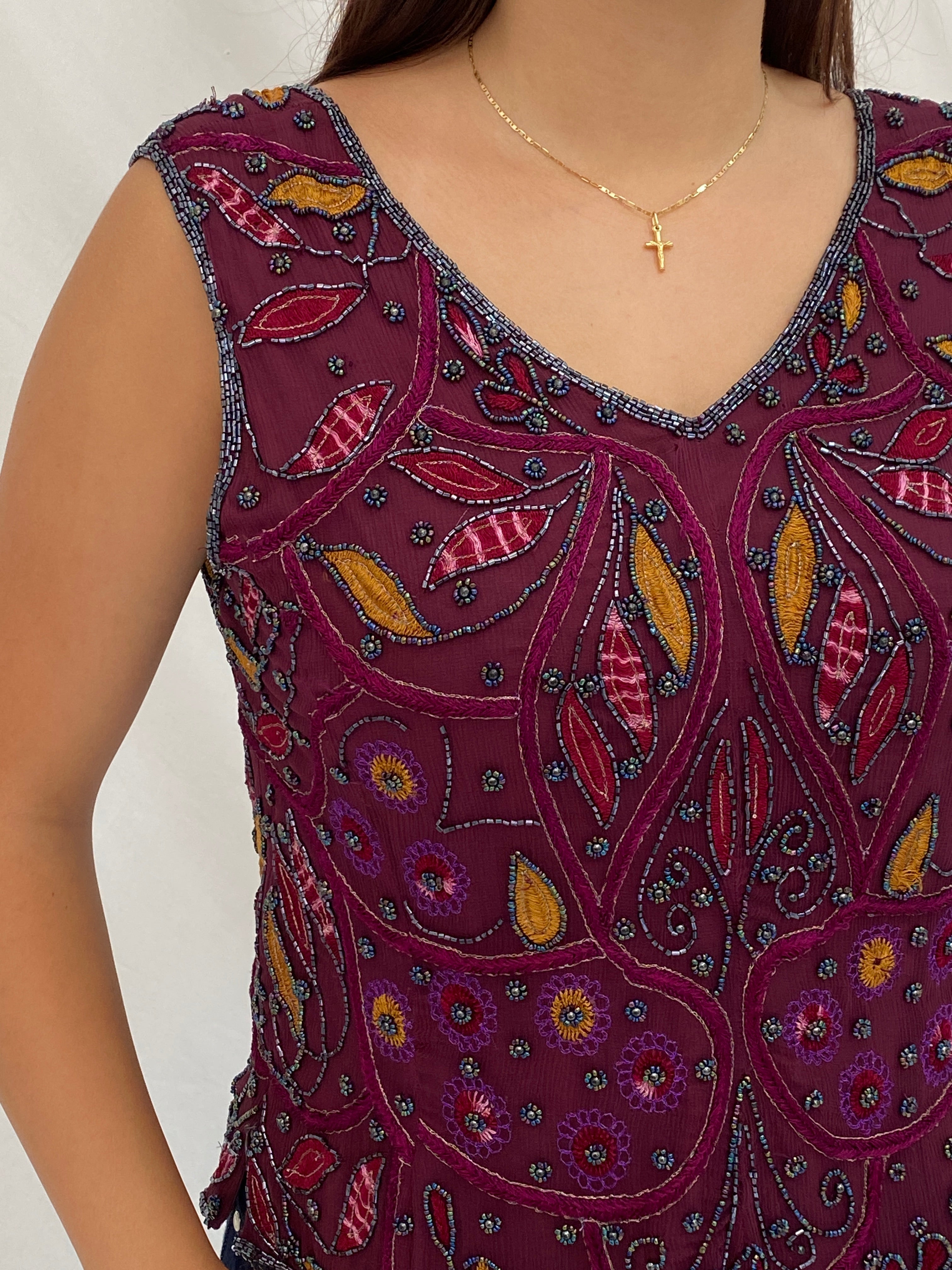 Vintage Beaded Embroidered Burgundy Handmade Evening Top - L