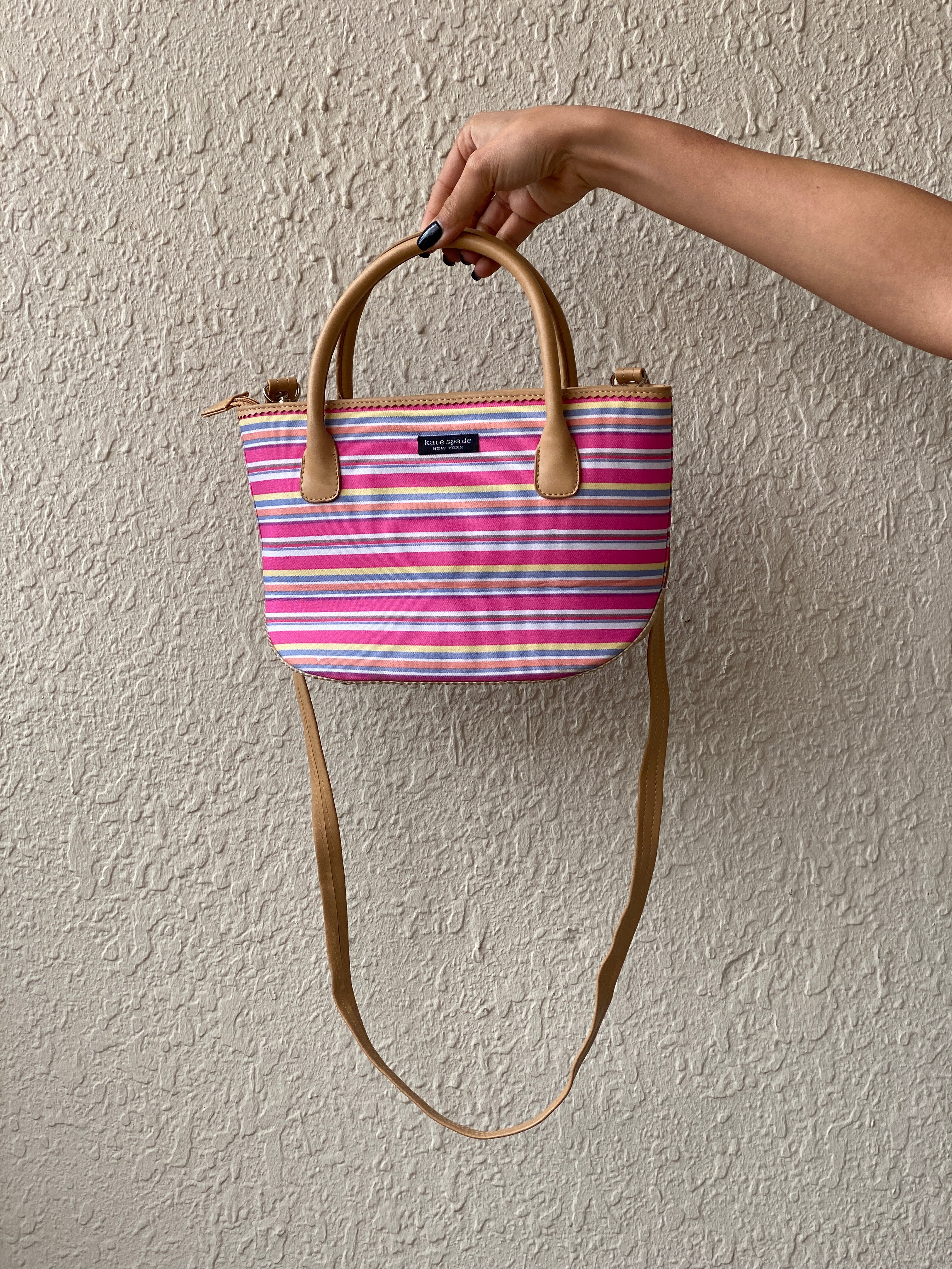 Kate Spade New York Pink Striped Canvas & Leather Summer Tote Bag