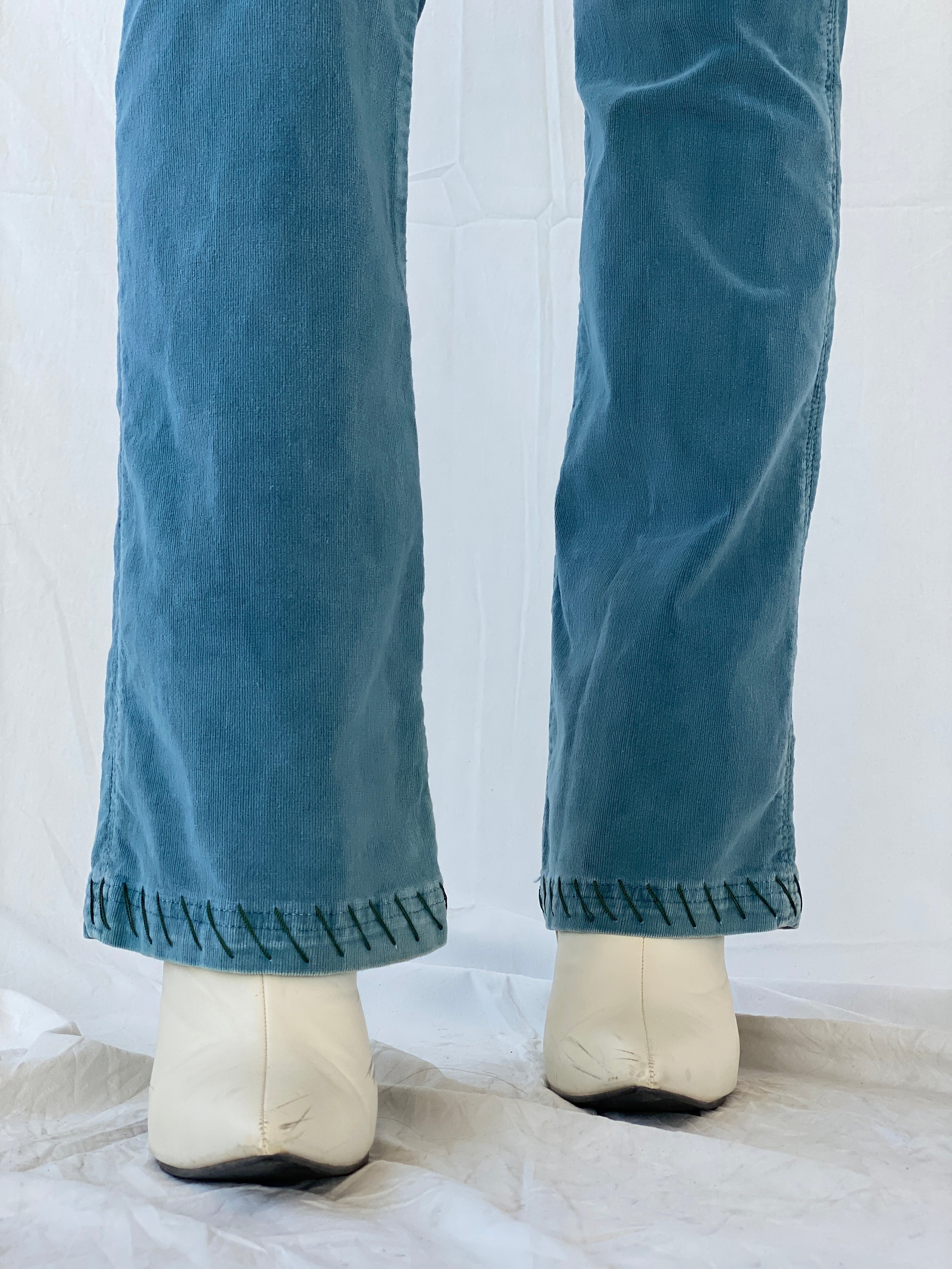 00s ANTIK Denim Blue Corduroy Embroidered Pocket Low Rise Flare Pants - 38EUR