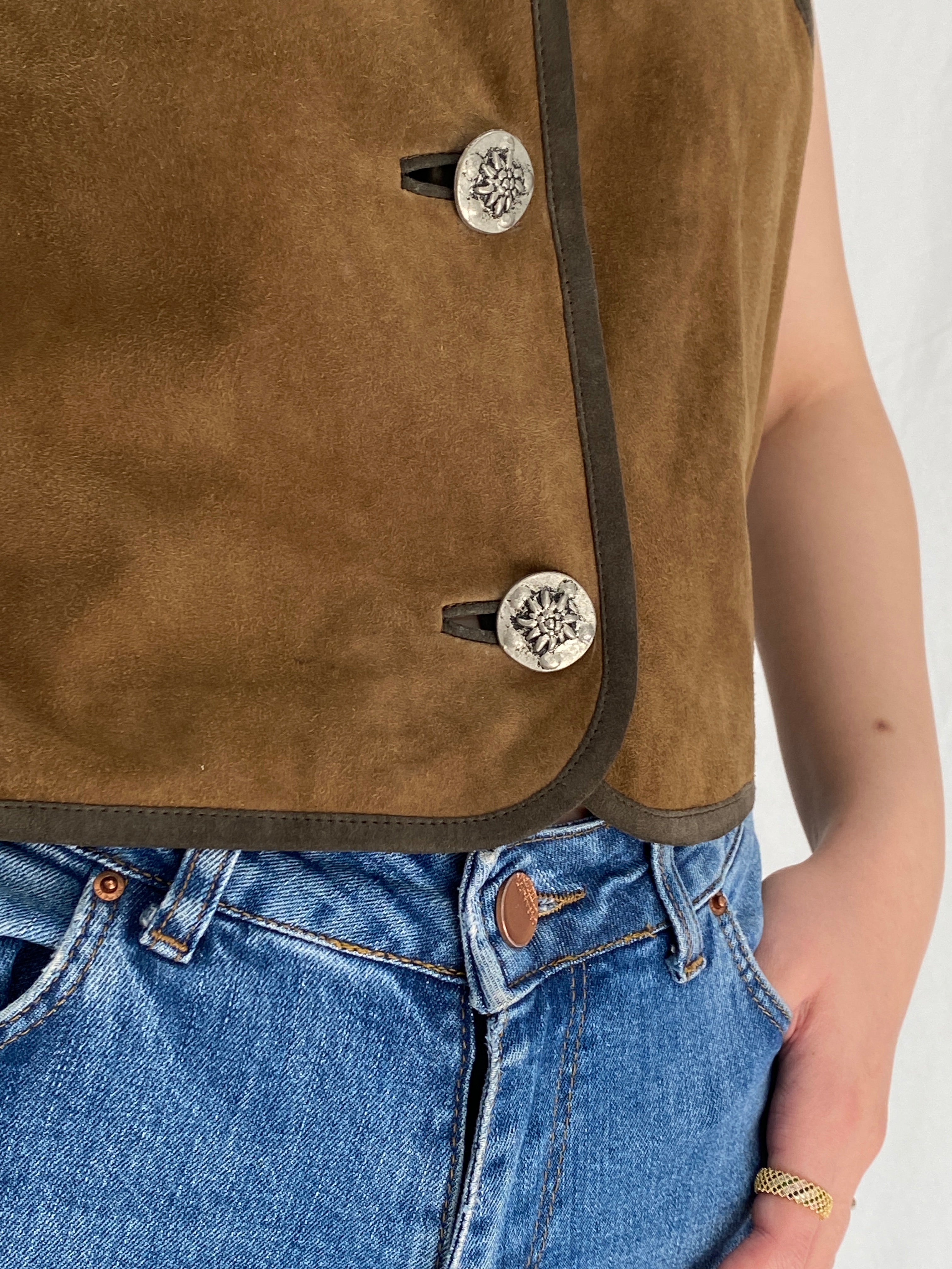 Vintage 90s H.Mosa German Trachten Brown Suede Leather Folk Vest - M