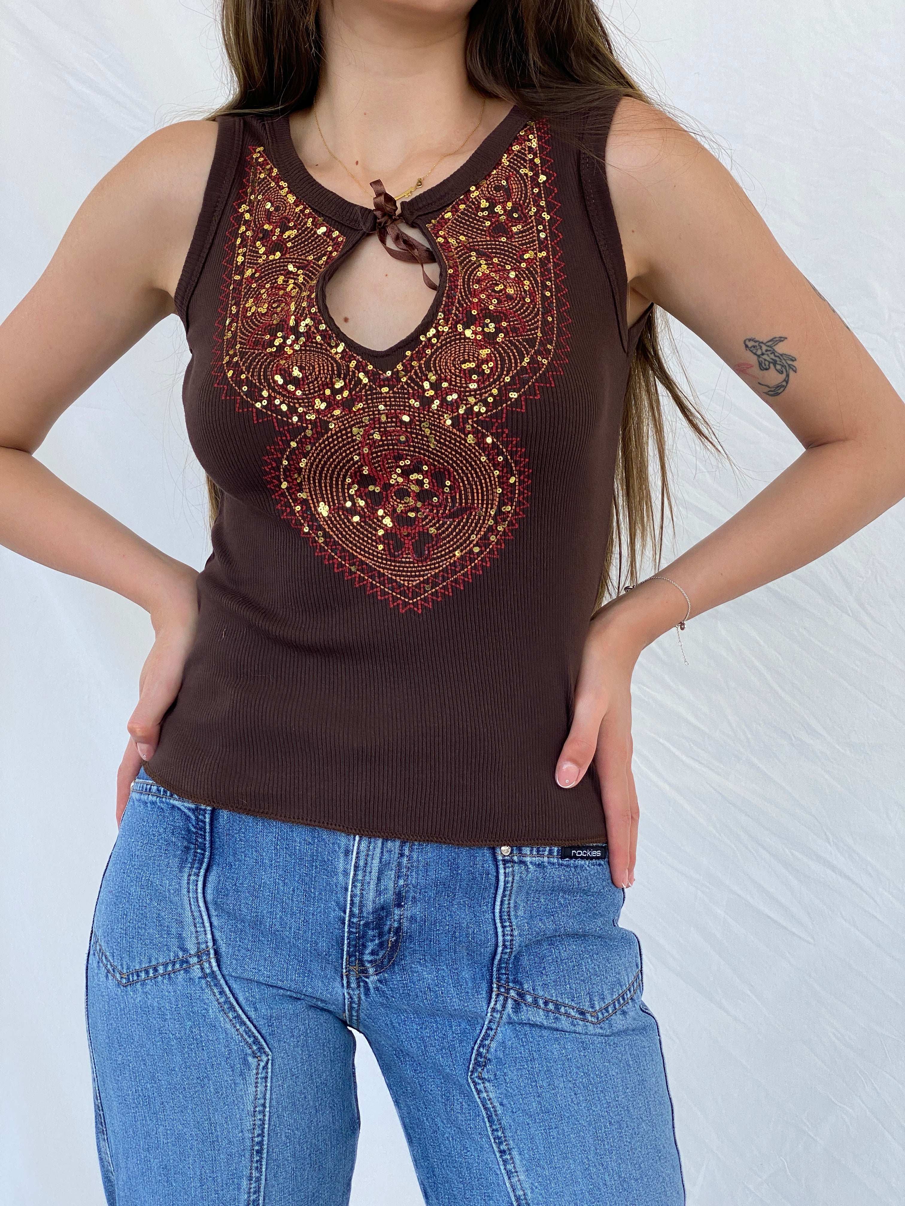 Vintage V London Brown Sequined Sleeveless Top - S - Balagan Vintage Sleeveless Top 00s, Mira, NEW IN, sleeveless top