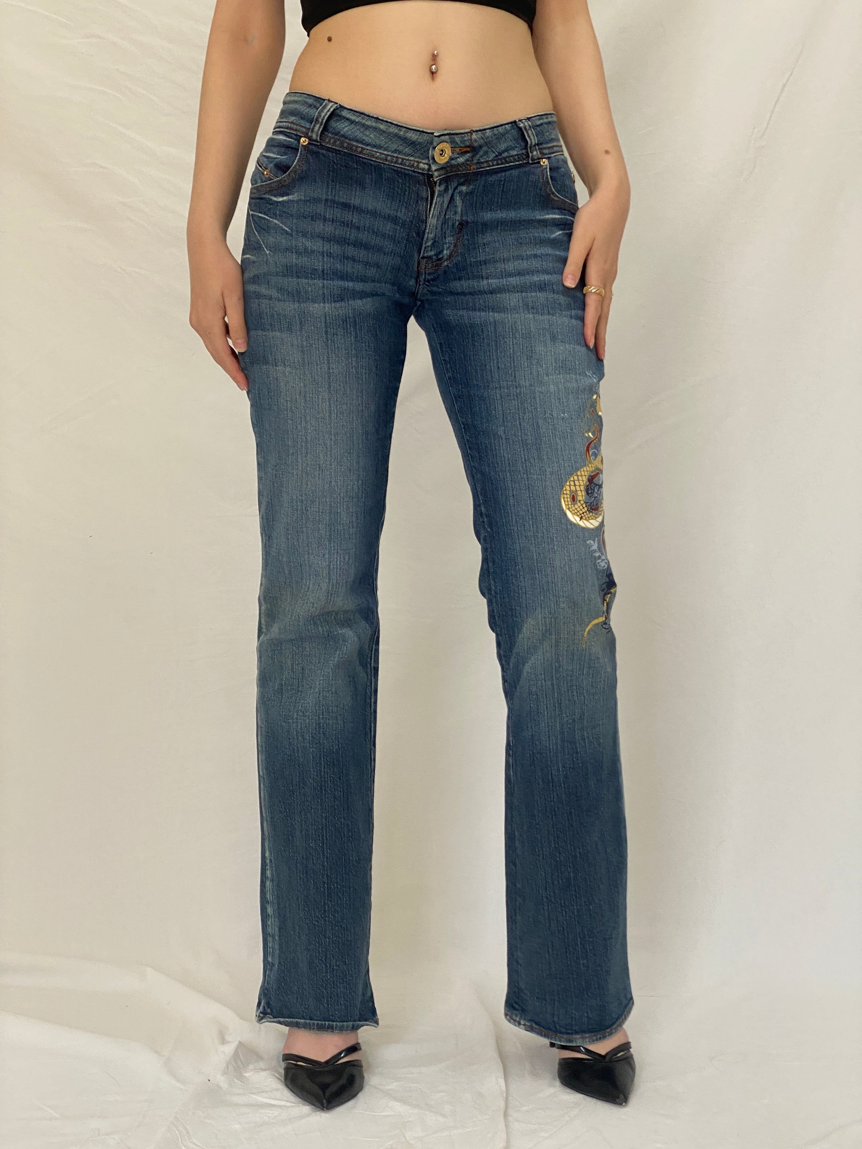Vintage Y2K Apple Bottoms Graphic Bootcut Low Rise Denim Jeans - 38EUR
