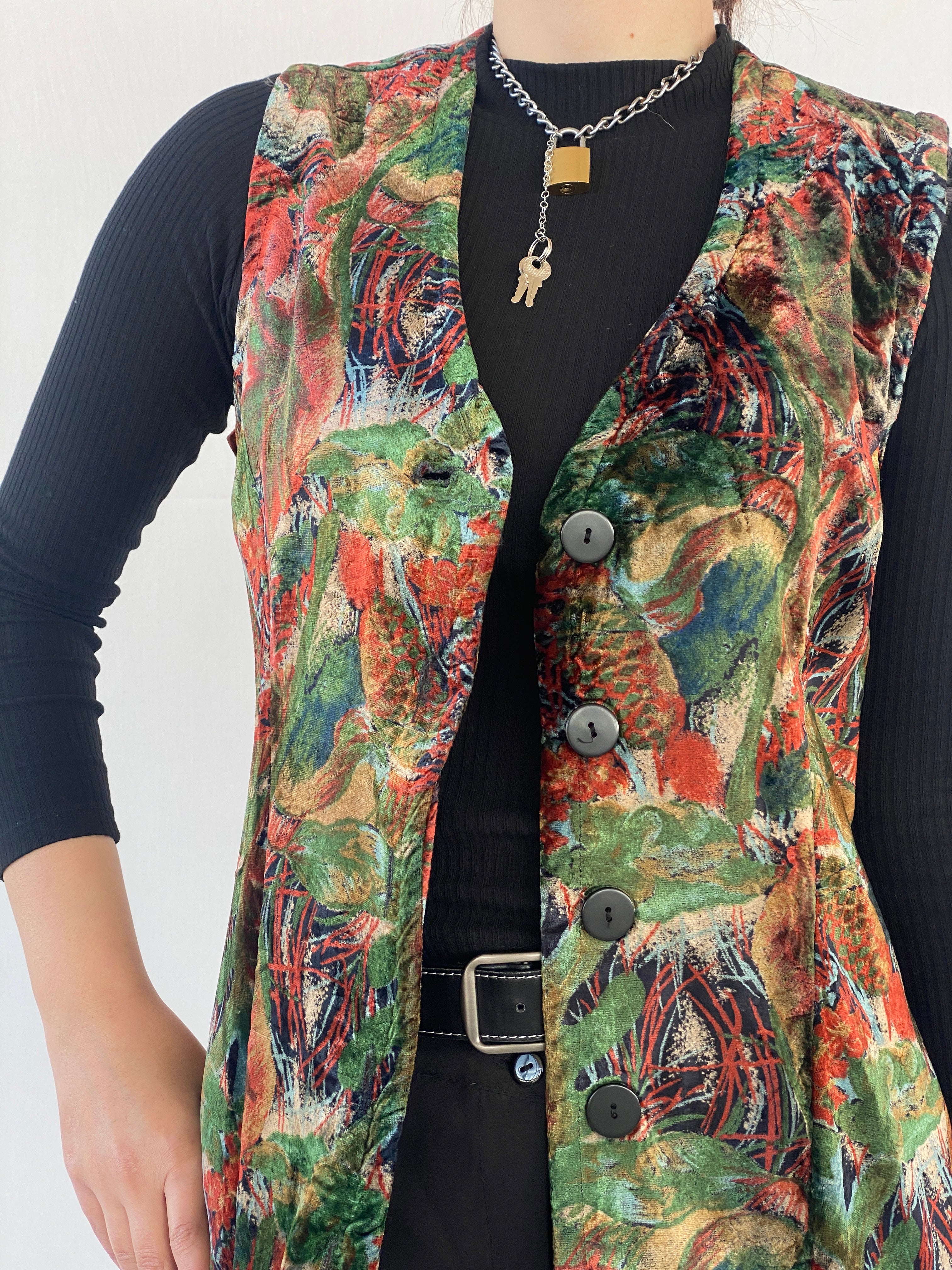 Vintage 90s Floral Orange & Green Velvet Buttoned Long Vest - XL