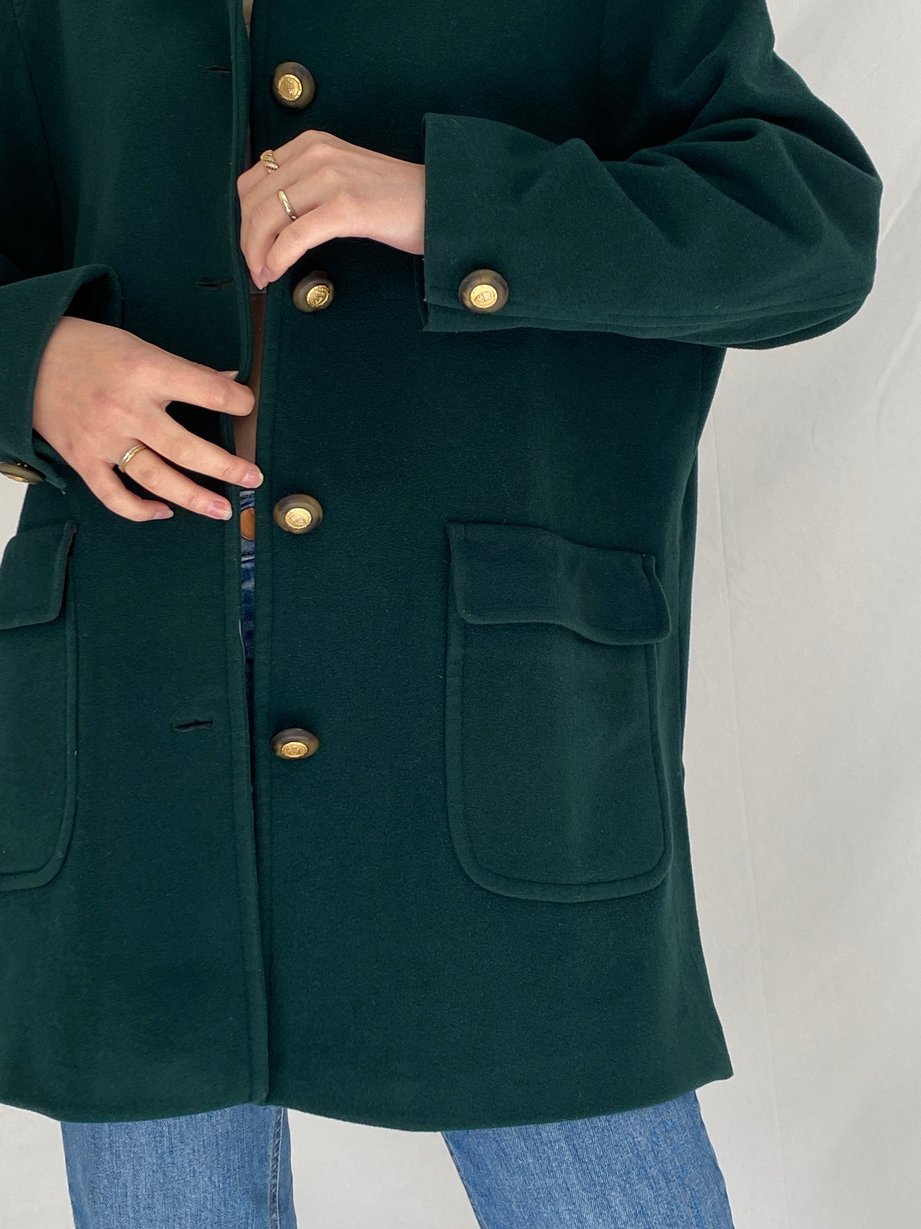 Vintage Viyella Green Wool Coat 90s Classic Tailored Wool Minimalist Jacket - L