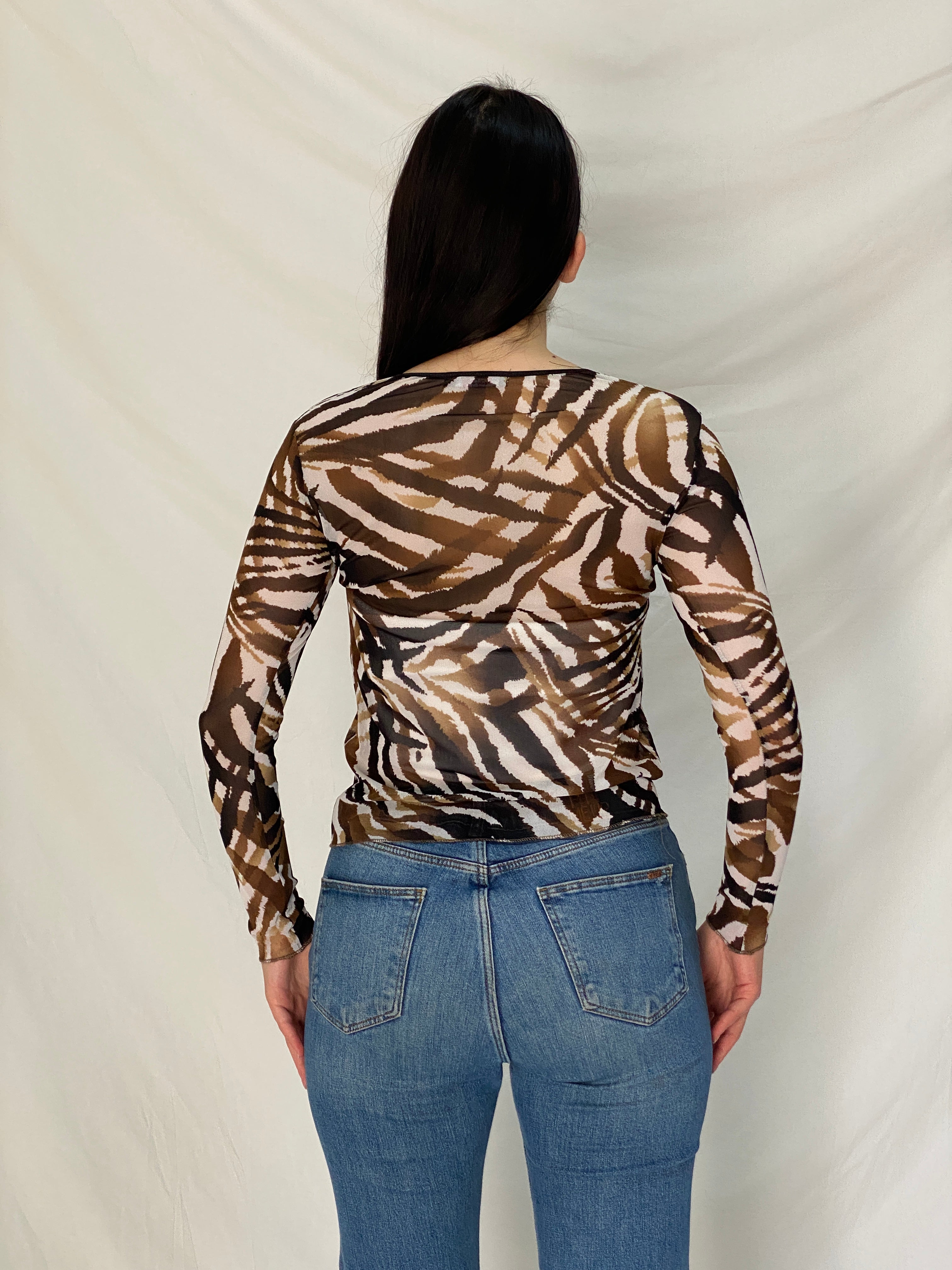 Vintage Pinto de Castro Brown Zebra Print Mesh Long Sleeve Top – M