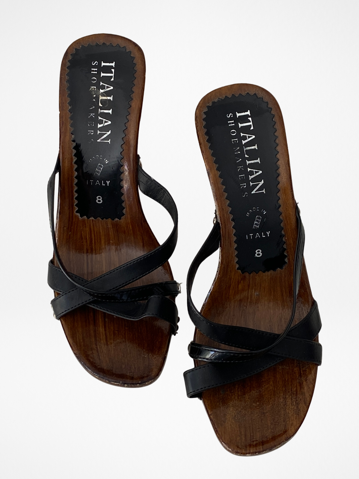 Vintage Y2K Italian Shoemakers Made in Italy Black Strappy Wooden Clog Heels - 39 EU