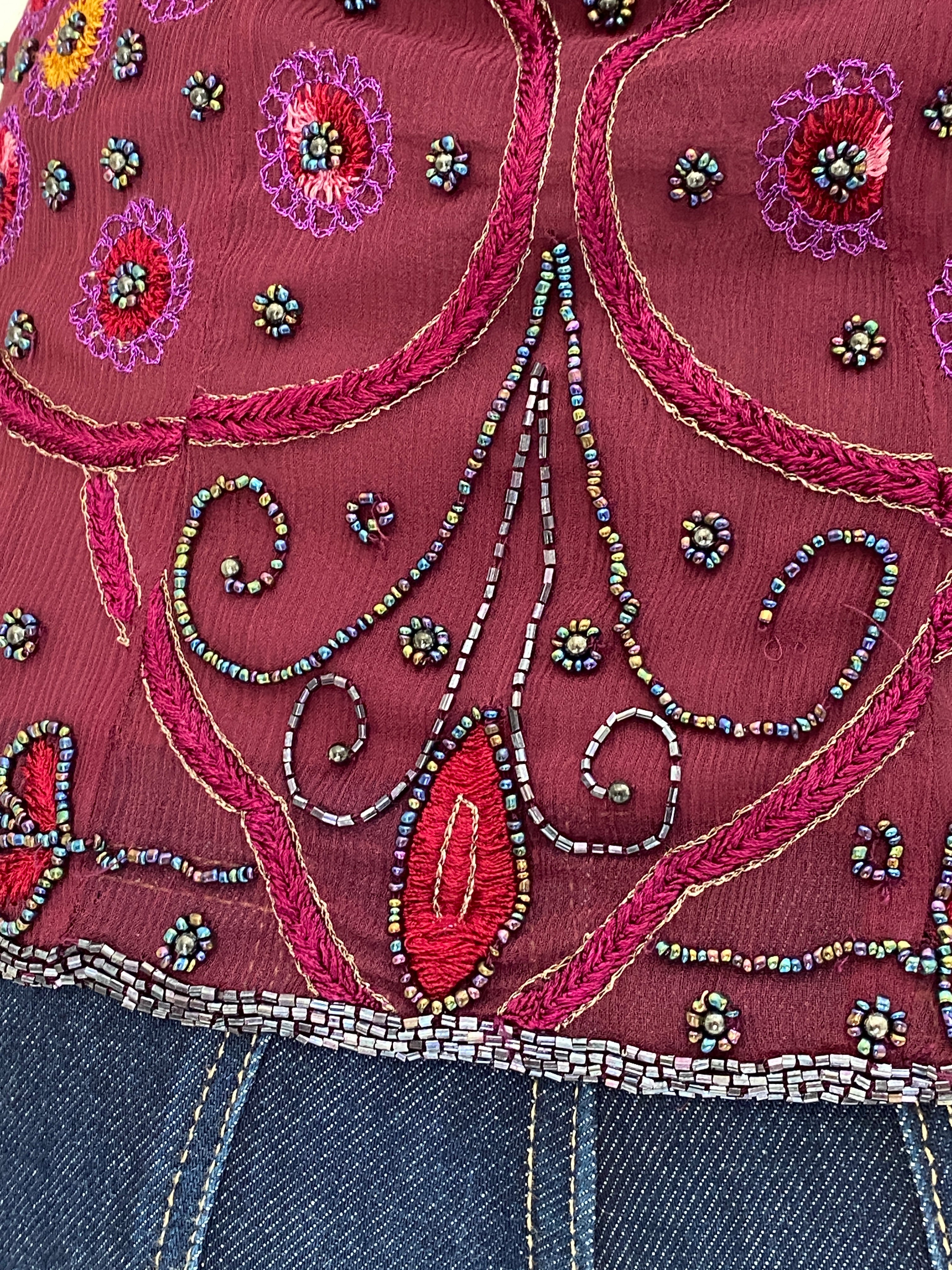 Vintage Beaded Embroidered Burgundy Handmade Evening Top - L