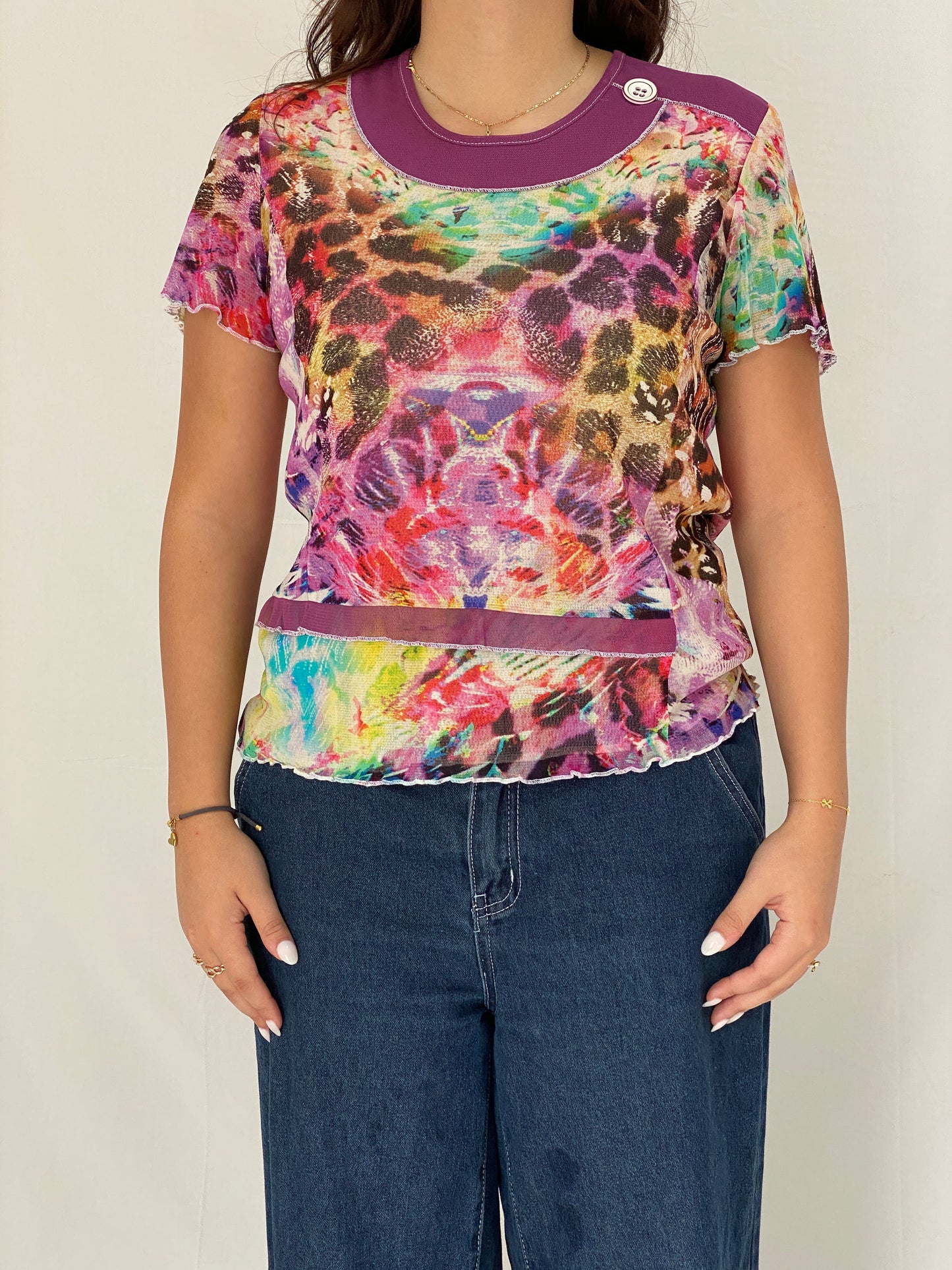 Vintage 90s Gevana Made in France Mesh Print Top Colorful Sheer Abstract Leopard Tee - L