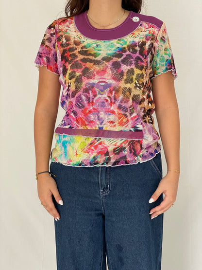 Vintage 90s Gevana Made in France Mesh Print Top Colorful Sheer Abstract Leopard Tee - L