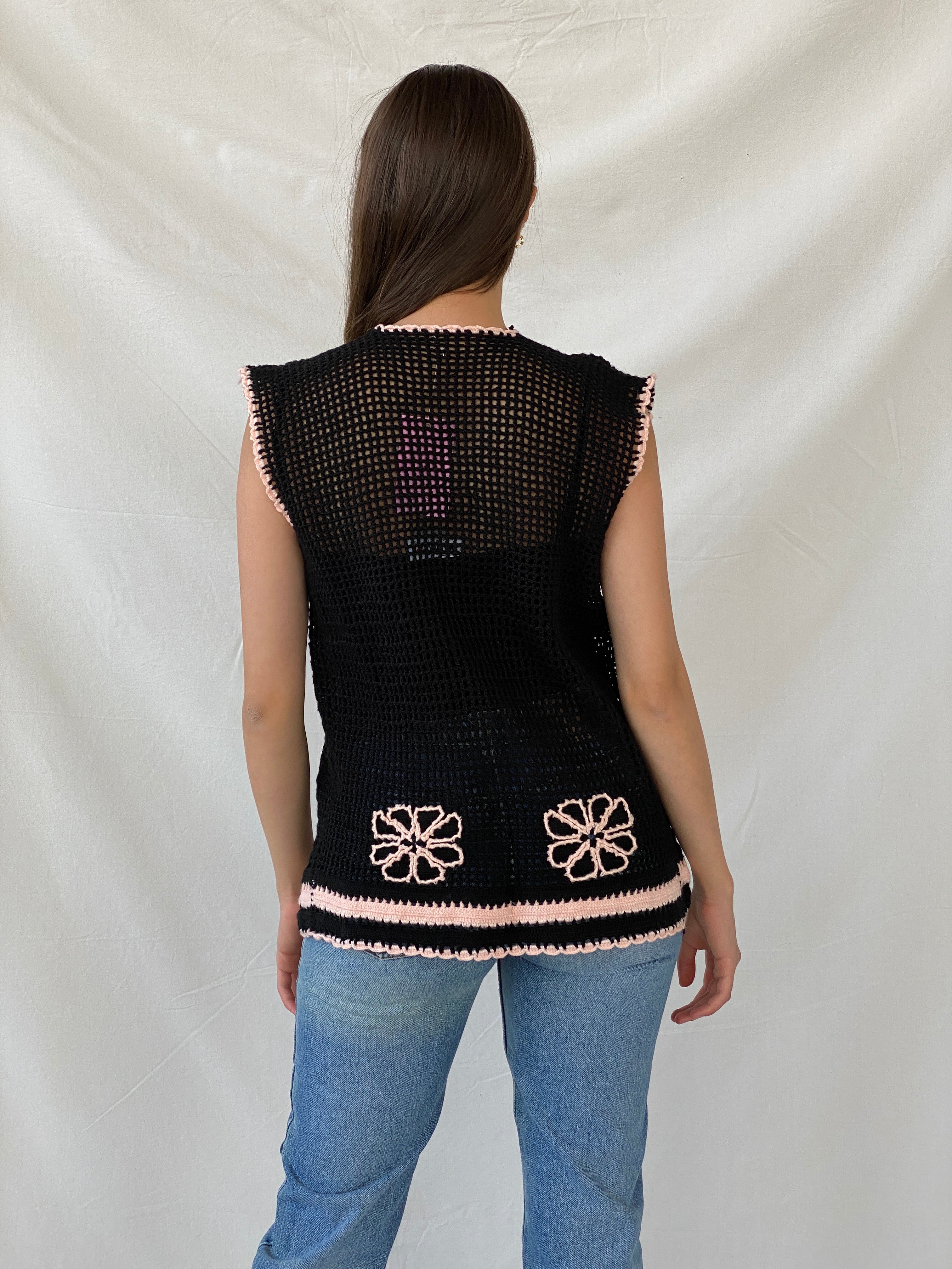 Vintage Handmade Black Knitted Crochet Vest with Pink Details - L