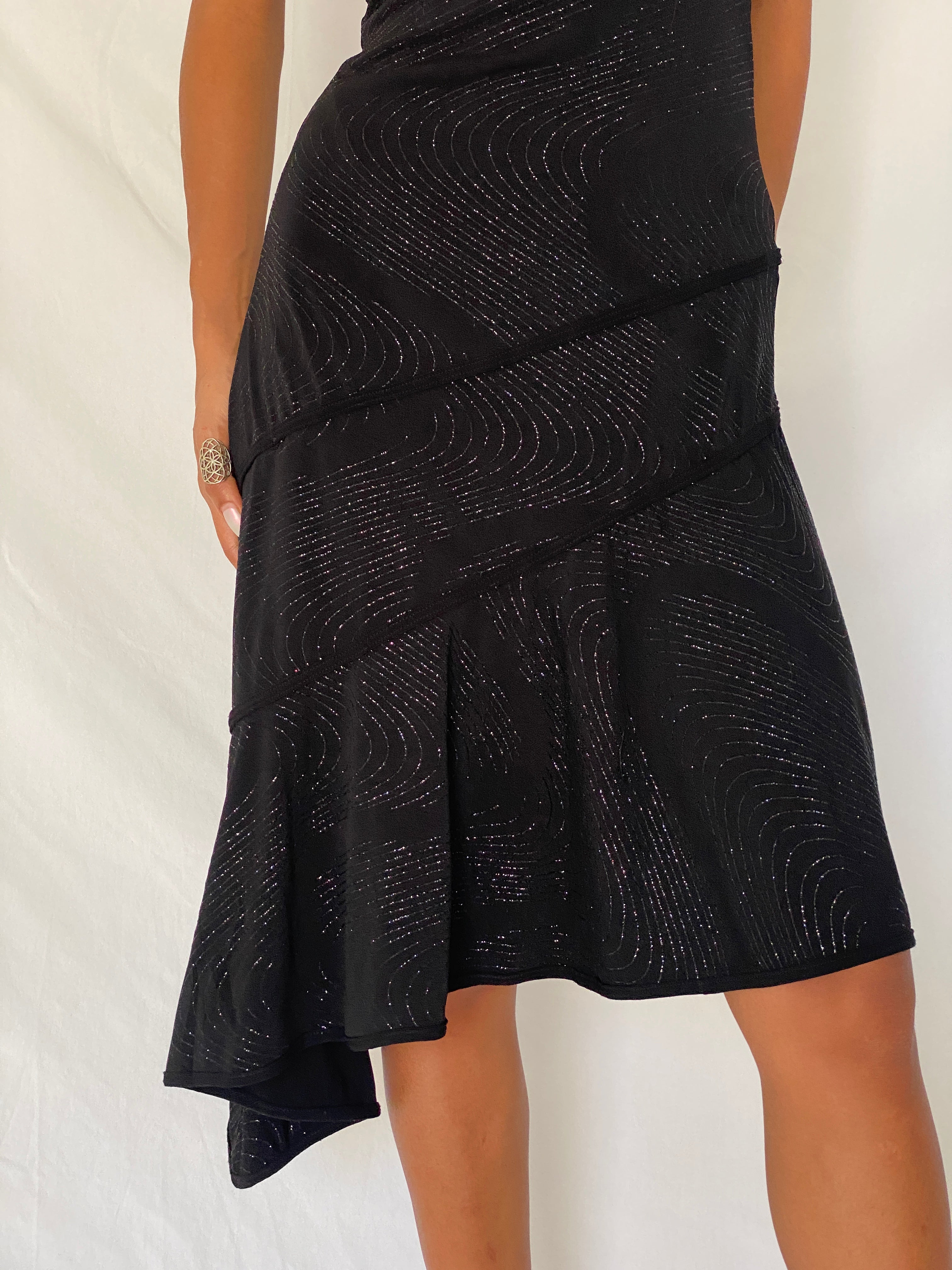 Vintage Y2K Lipstick Black Glitter Swirl Halter Asymmetric Midi Dress- S