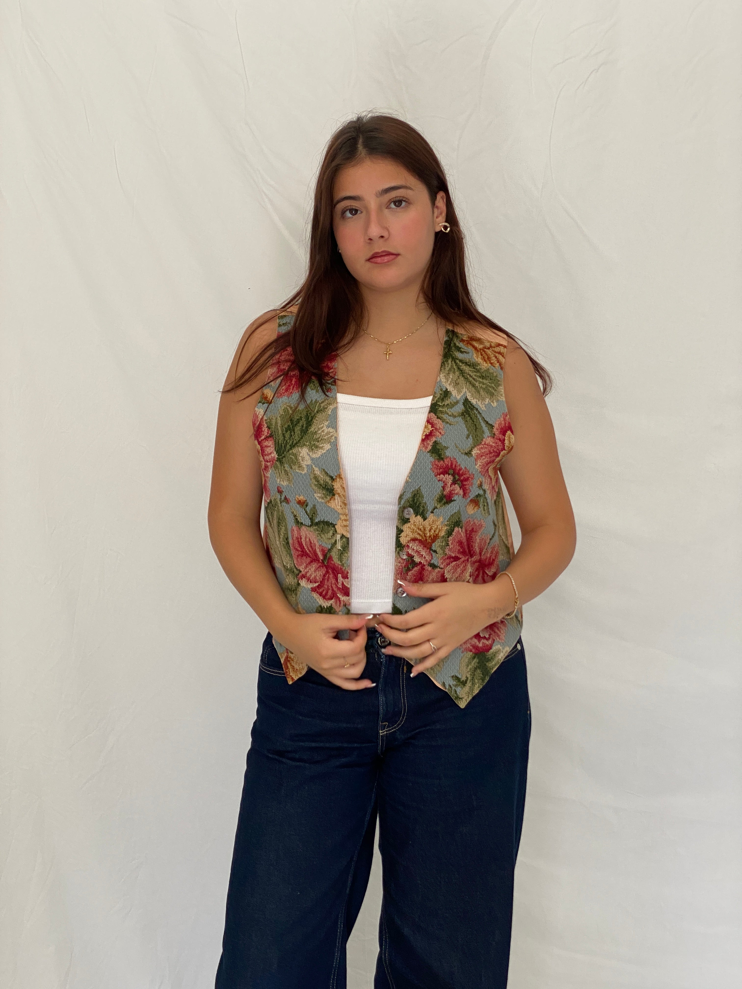 Vintage Cottagecore Floral Jacquard Pink Blue Tapestry Vest - M